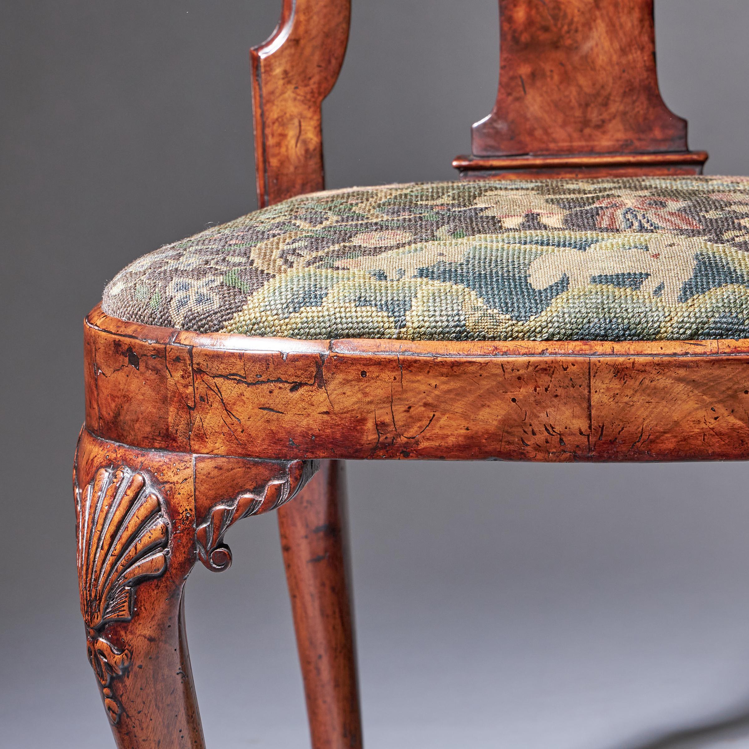 18th Century George I Carved Walnut Chair covered in Period Needlework-11