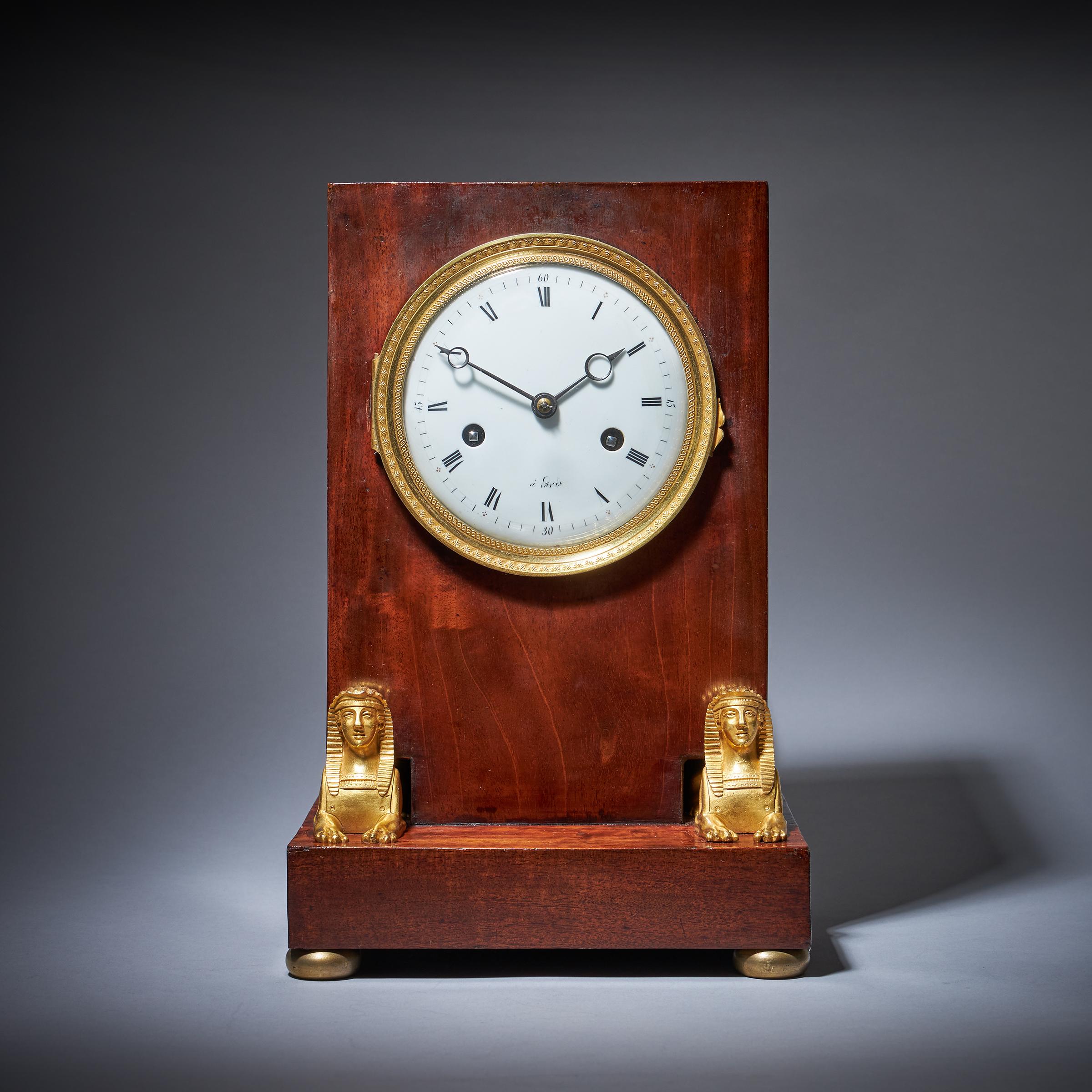 19th-Century French Flame Mahogany Napoleon Empire Period Mantel Clock-1