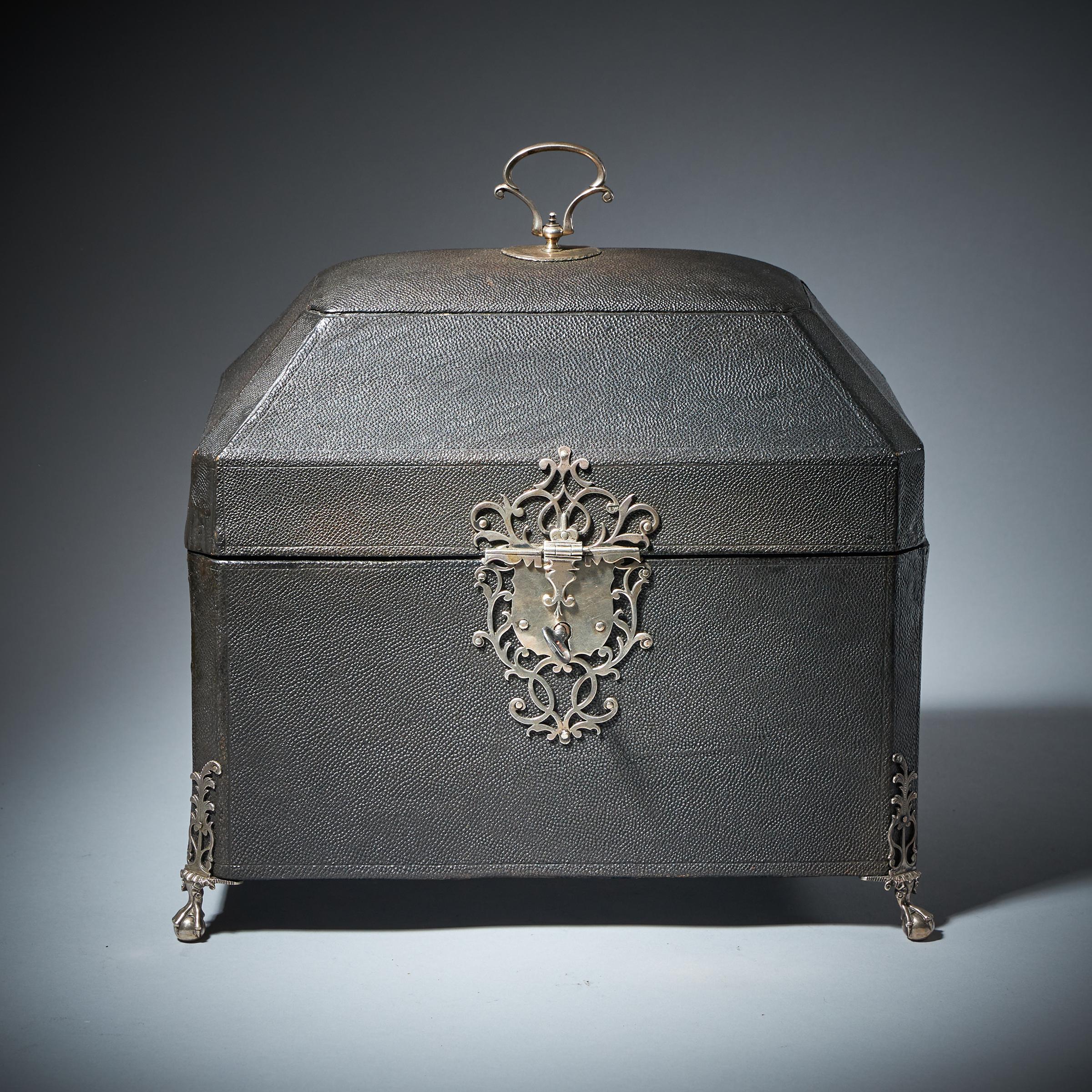 A Rare Silver Mounted George II Shagreen Tea Caddy with Silver Rocco Canistors-1