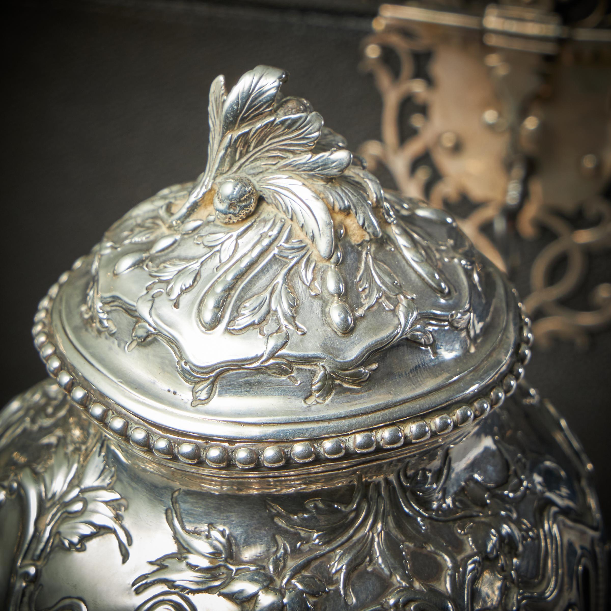 A Rare Silver Mounted George II Shagreen Tea Caddy with Silver Rocco Canistors-13