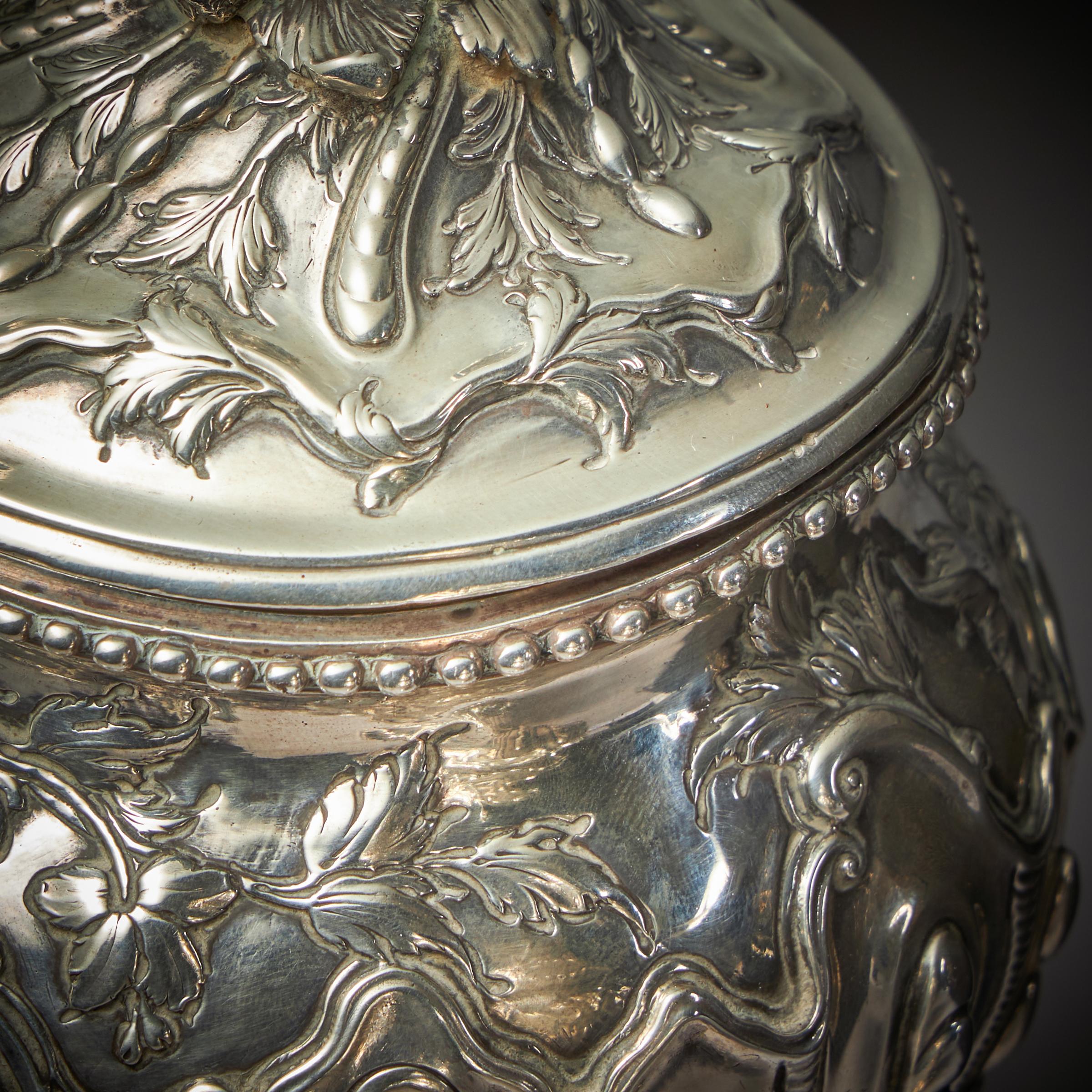 A Rare Silver Mounted George II Shagreen Tea Caddy with Silver Rocco Canistors-17