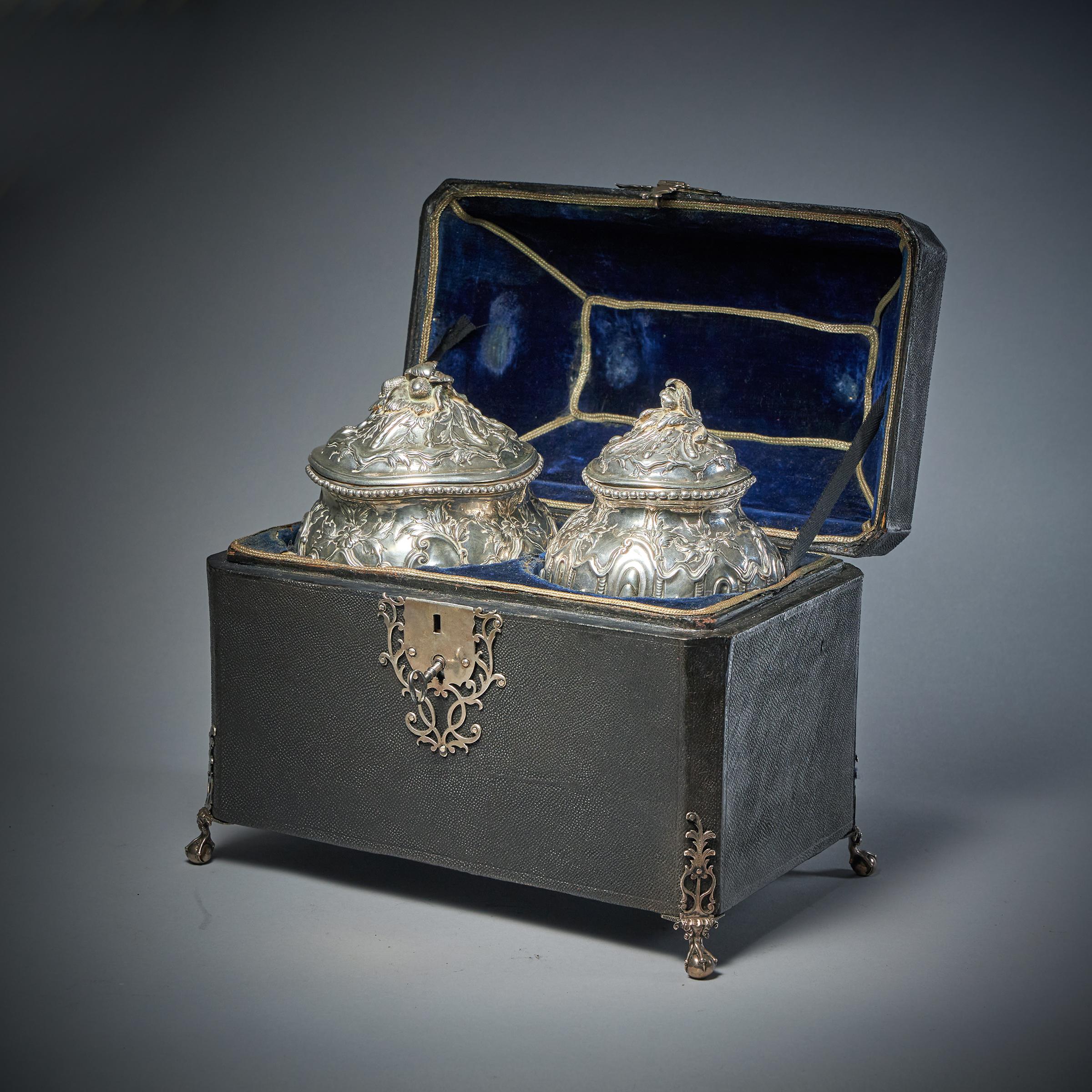 A Rare Silver Mounted George II Shagreen Tea Caddy with Silver Rocco Canistors-3