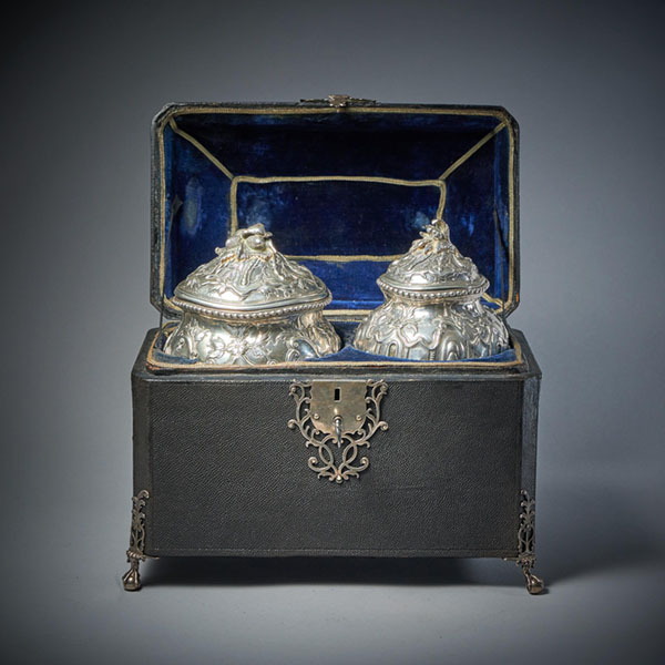 A Rare Silver Mounted George II Shagreen Tea Caddy with Silver Rocco Canistors