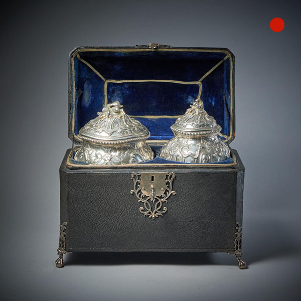 A Rare Silver Mounted George II Shagreen Tea Caddy with Silver Rocco Canistors