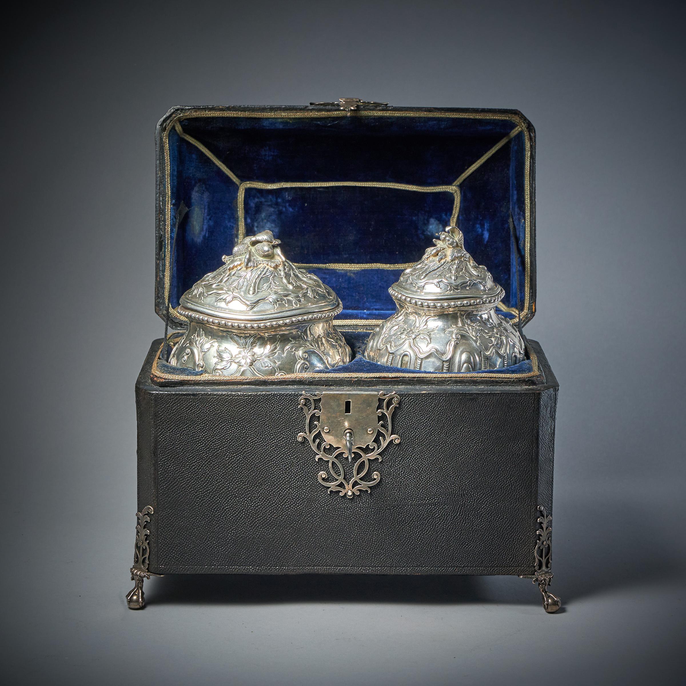A Rare Silver Mounted George II Shagreen Tea Caddy with Silver Rocco Canistors-4