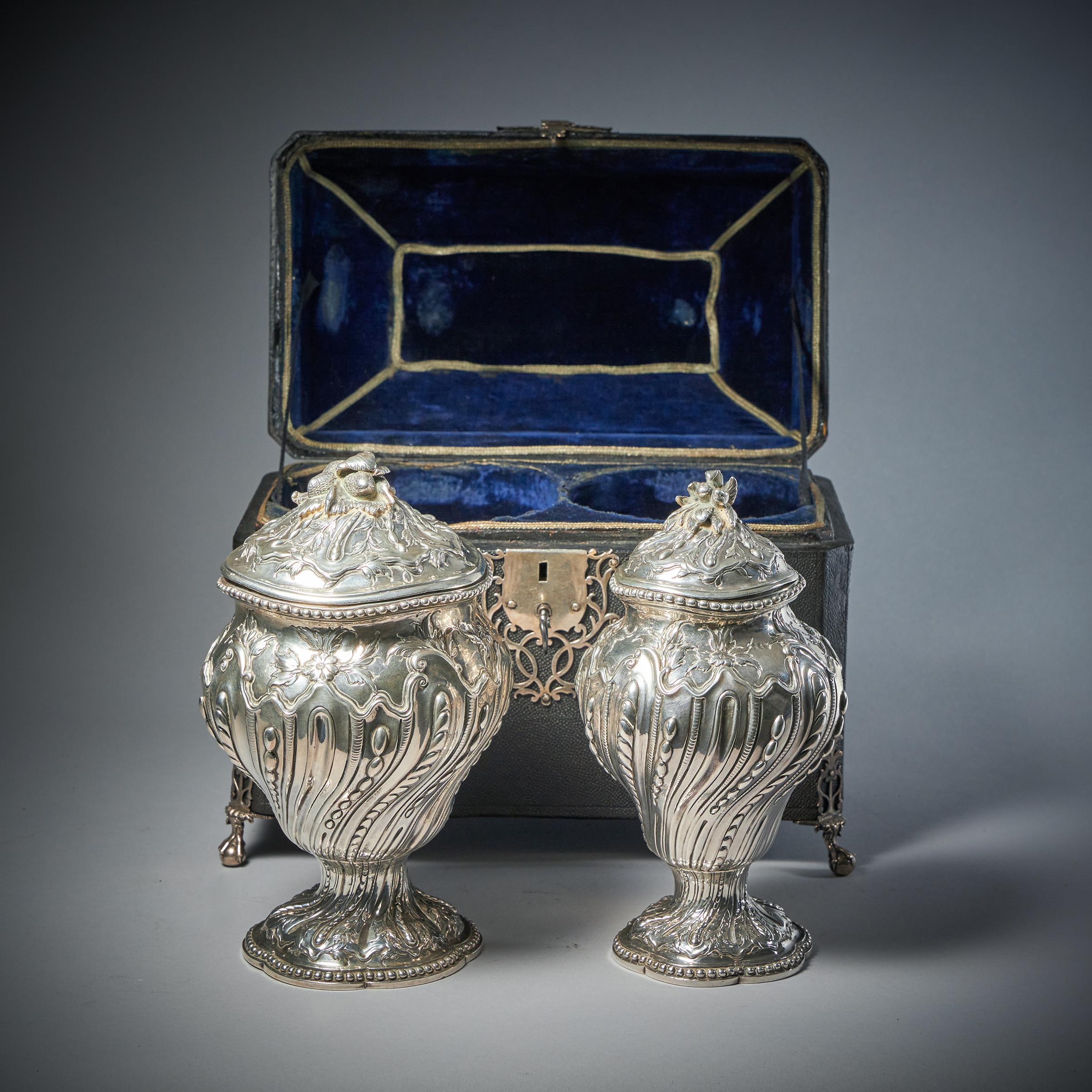 A Rare Silver Mounted George II Shagreen Tea Caddy with Silver Rocco Canistors-6