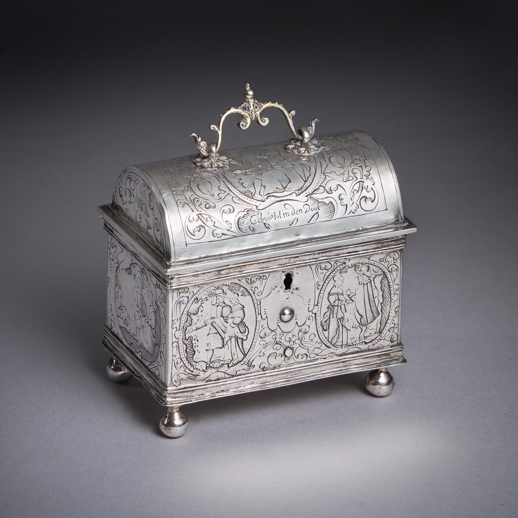 A museum-grade mid-17th century Dutch silver marriage casket or ...