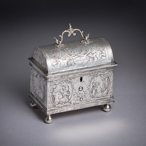 A museum-grade mid-17th century Dutch silver marriage casket or knottekistje, circa 1660