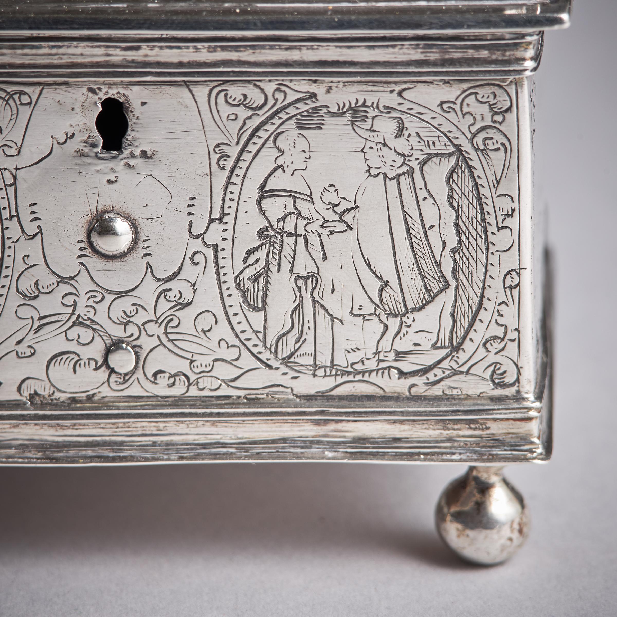 A museum-grade mid-17th century Dutch silver marriage casket or knottekistje, circa 1660 7