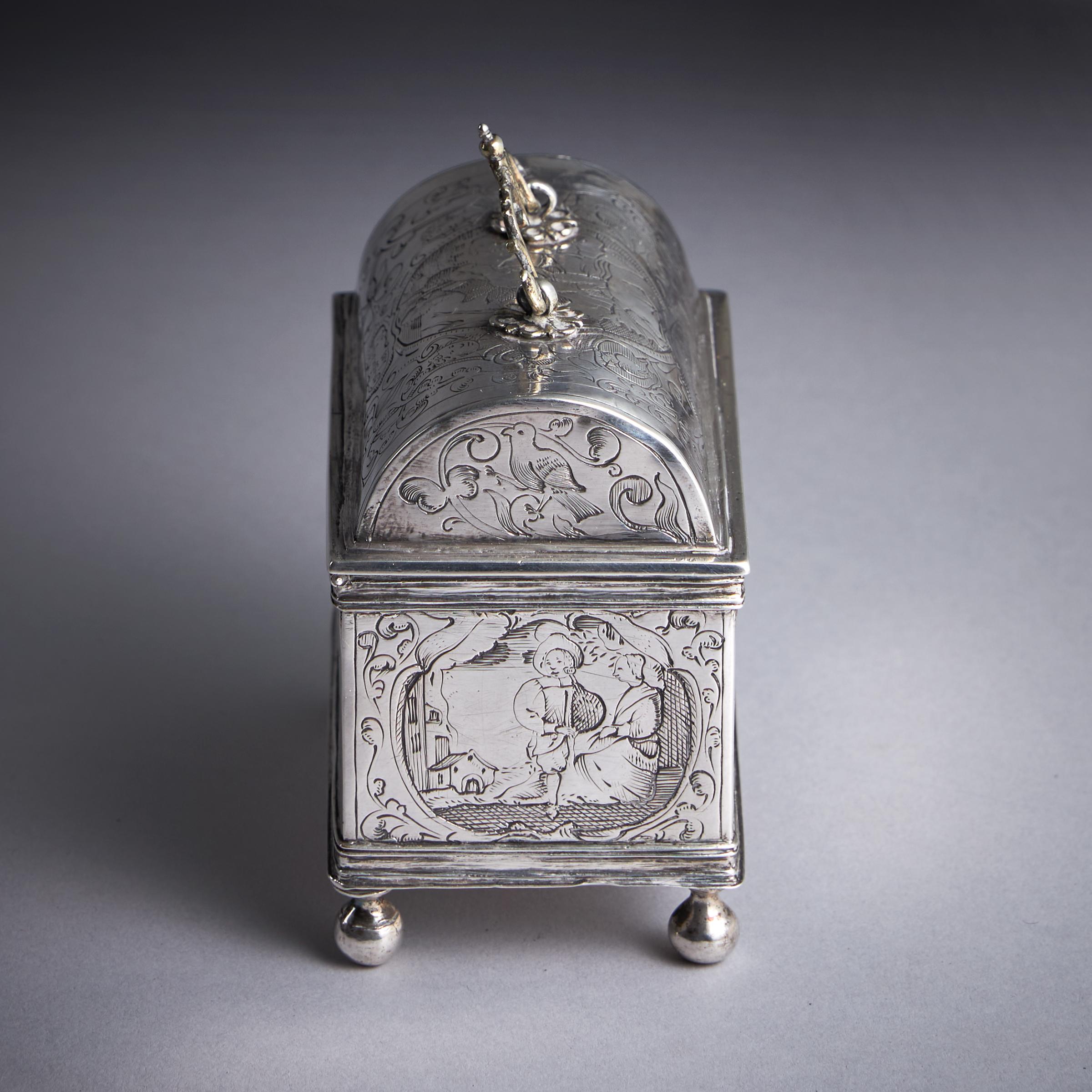 A museum-grade mid-17th century Dutch silver marriage casket or knottekistje, circa 1660 4