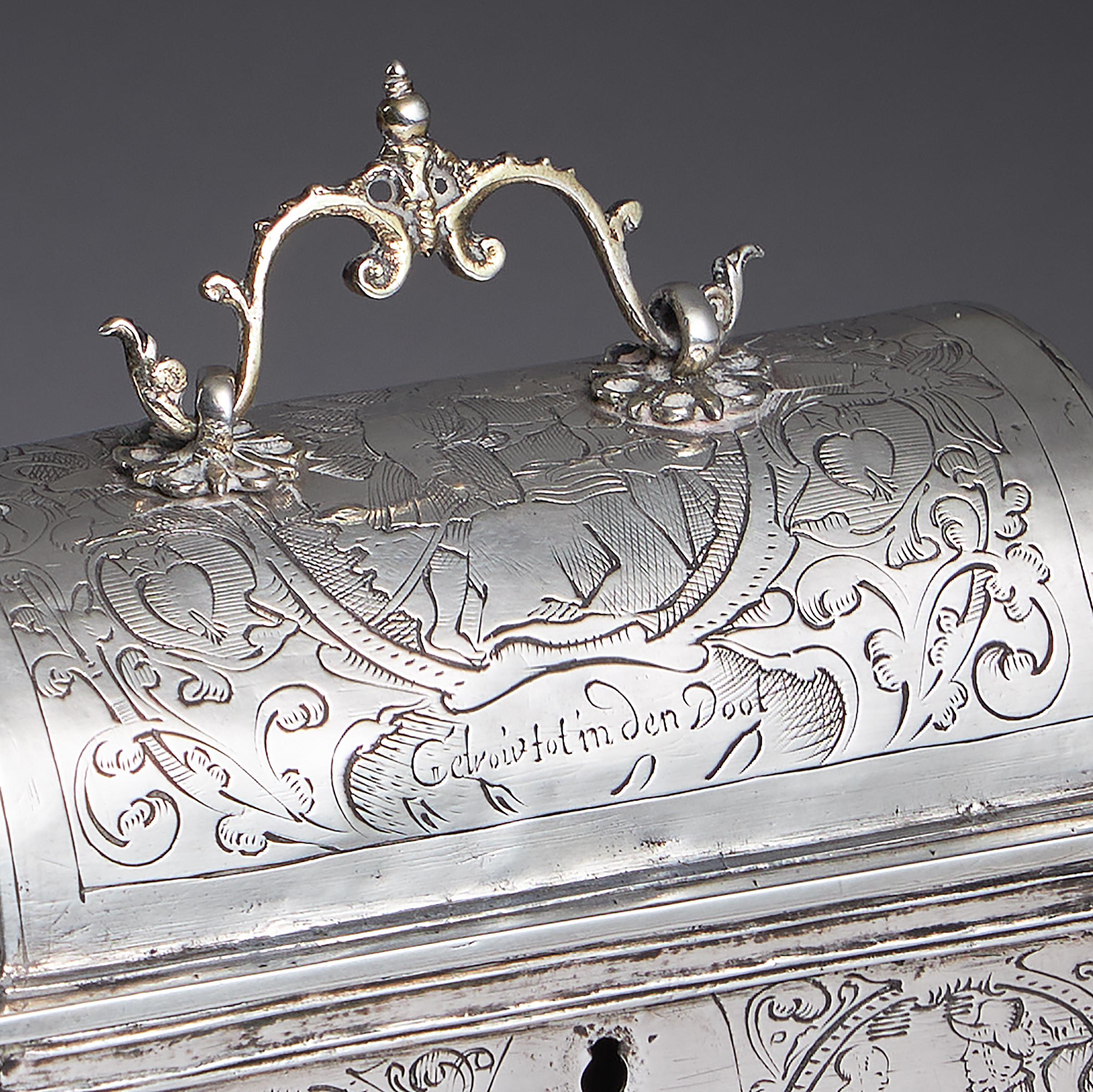 A museum-grade mid-17th century Dutch silver marriage casket or knottekistje, circa 1660 16