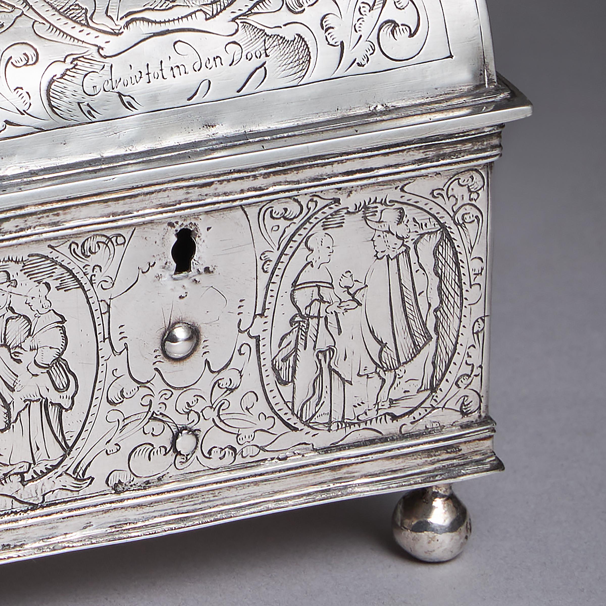 A museum-grade mid-17th century Dutch silver marriage casket or knottekistje, circa 1660 15