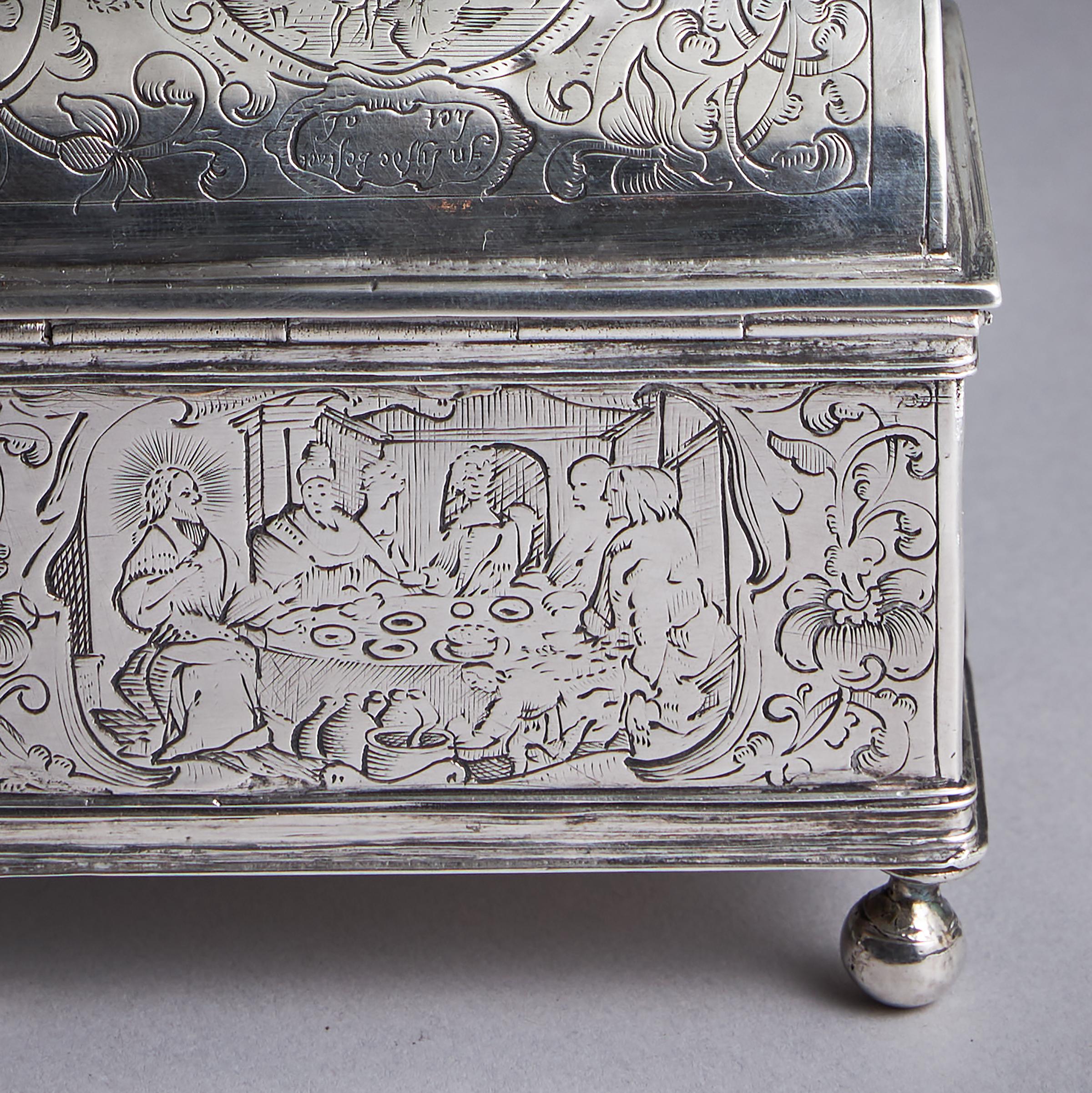 A museum-grade mid-17th century Dutch silver marriage casket or knottekistje, circa 1660 11