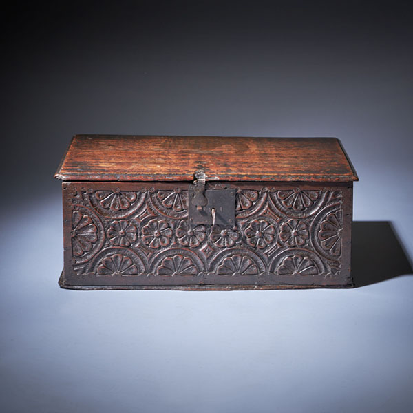 17th Century Charles I Carved Oak Box with Original Iron Clasp and Staple Lock