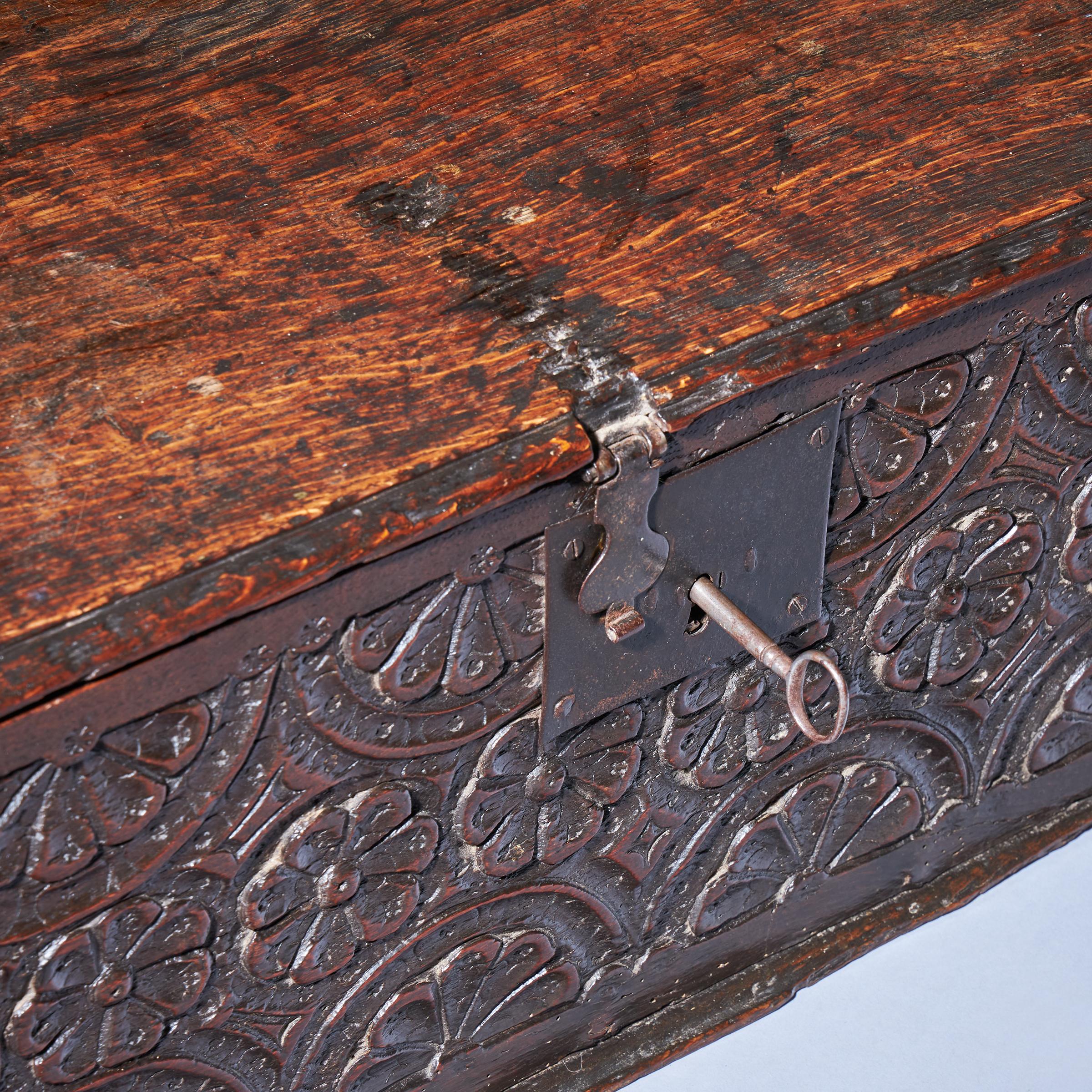17th Century Charles I Carved Oak Box with Original Iron Clasp and Staple Lock-10