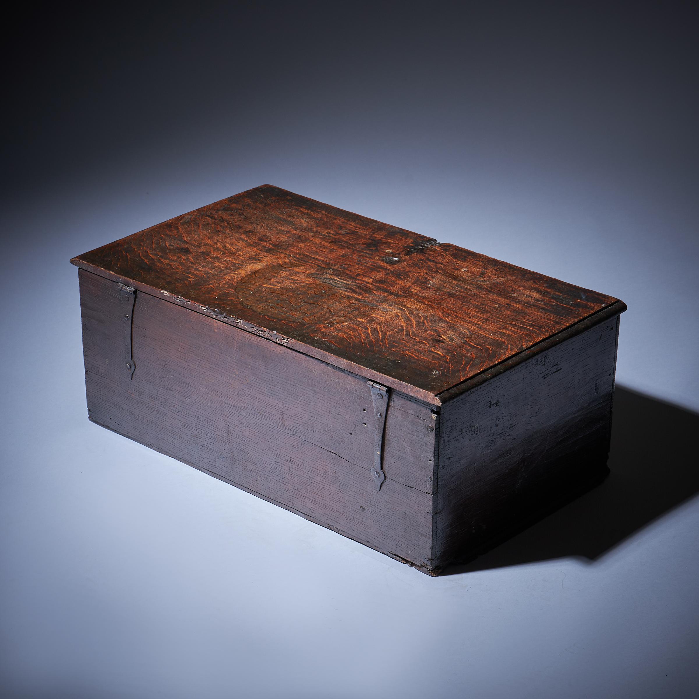 17th Century Charles I Carved Oak Box with Original Iron Clasp and Staple Lock-11