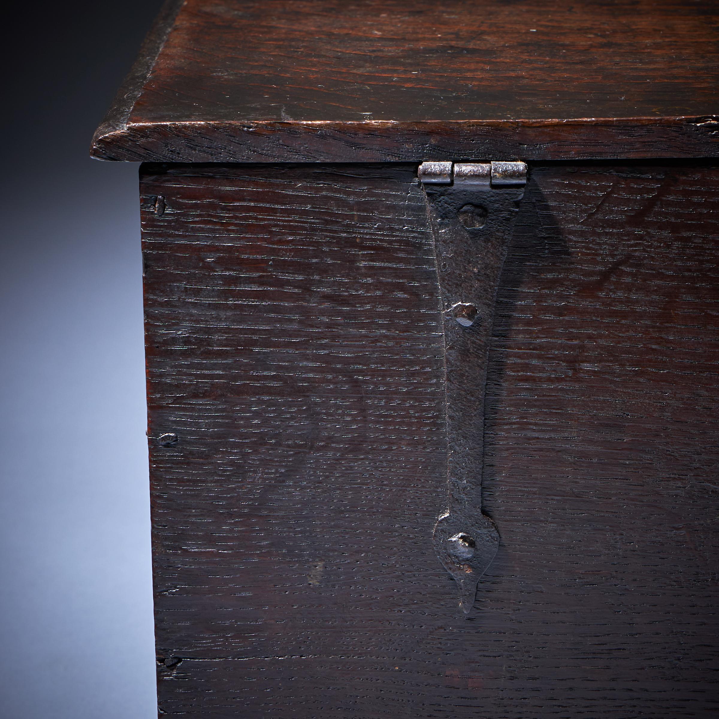 17th Century Charles I Carved Oak Box with Original Iron Clasp and Staple Lock 14