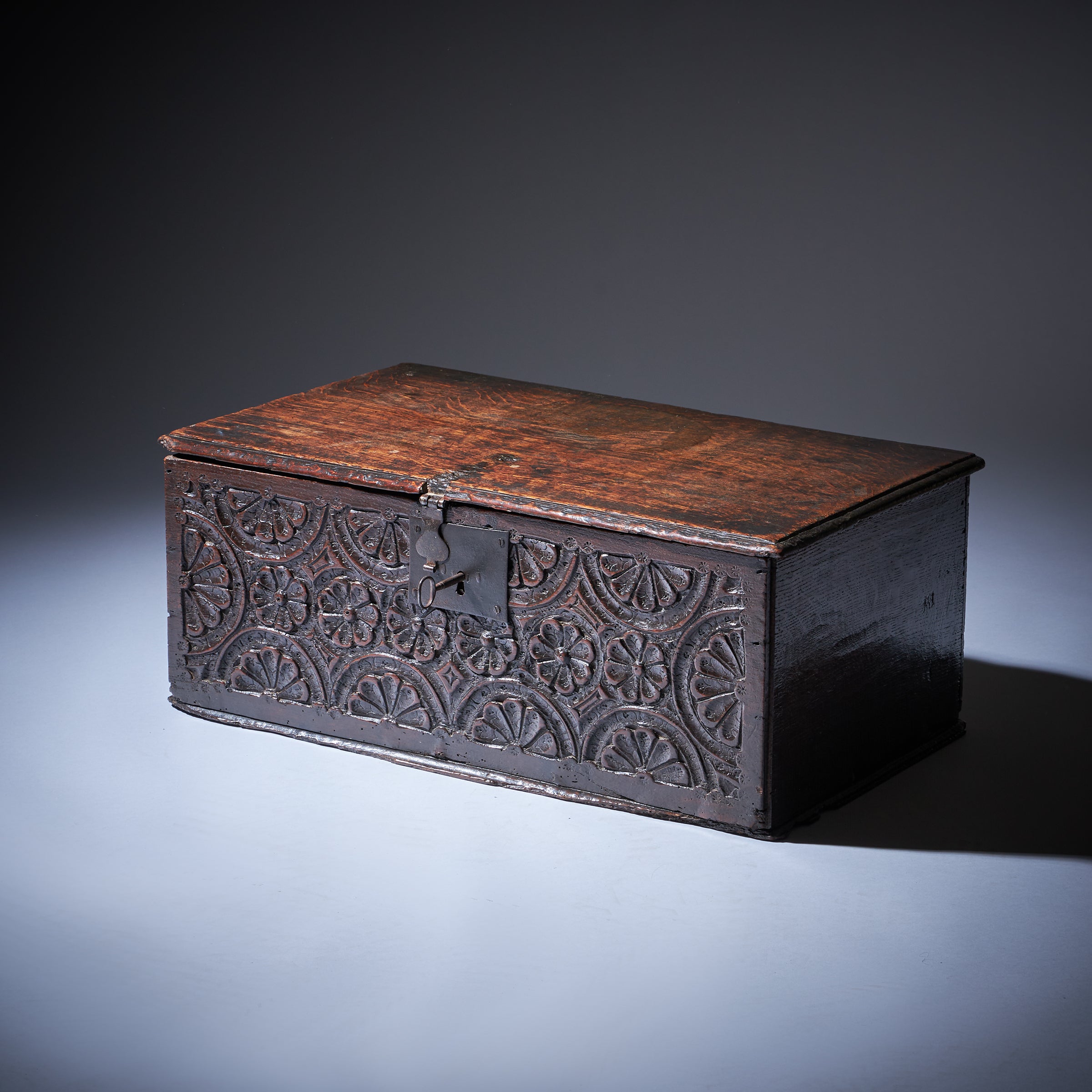 17th Century Charles I Carved Oak Box with Original Iron Clasp and Staple Lock 2
