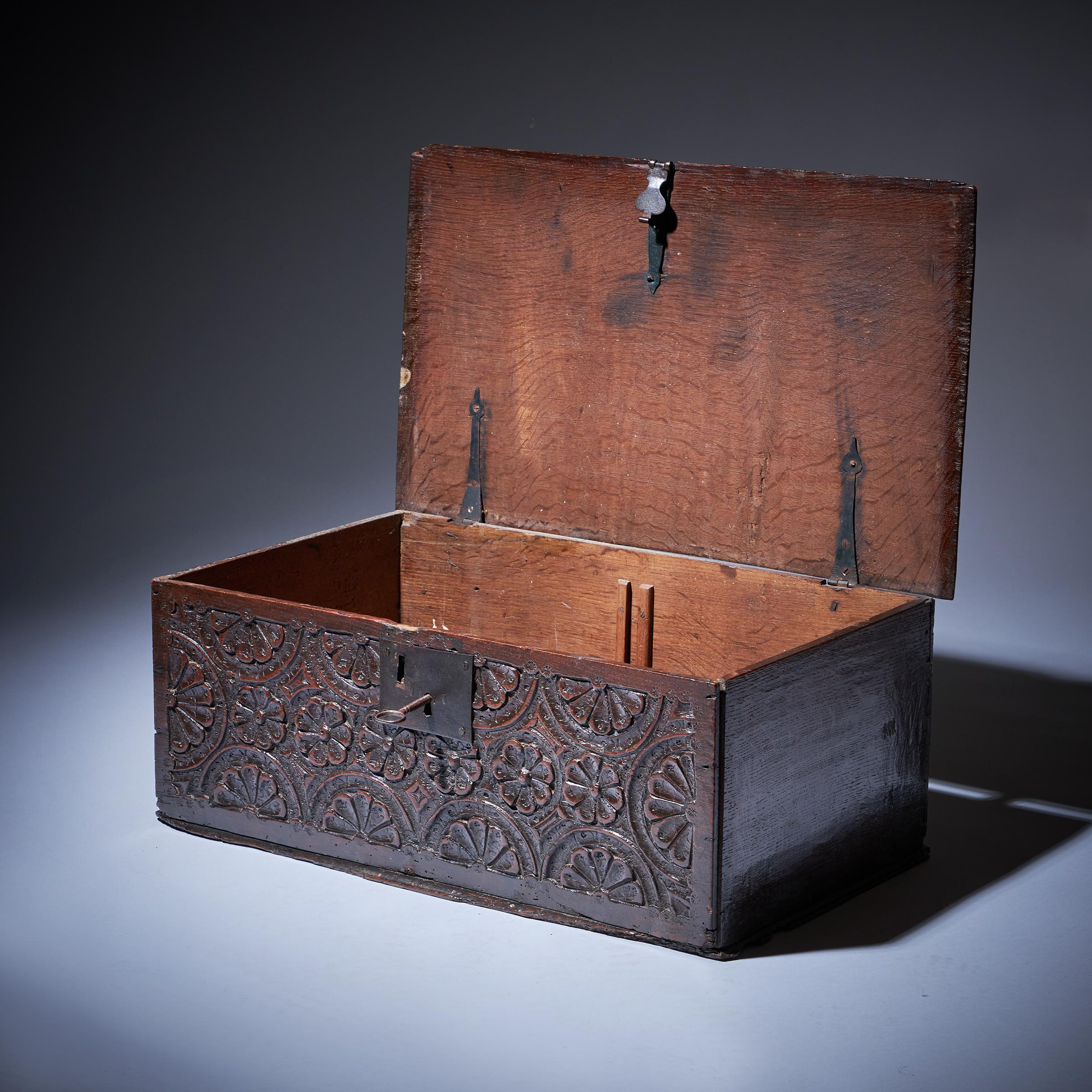 17th Century Charles I Carved Oak Box with Original Iron Clasp and Staple Lock-3