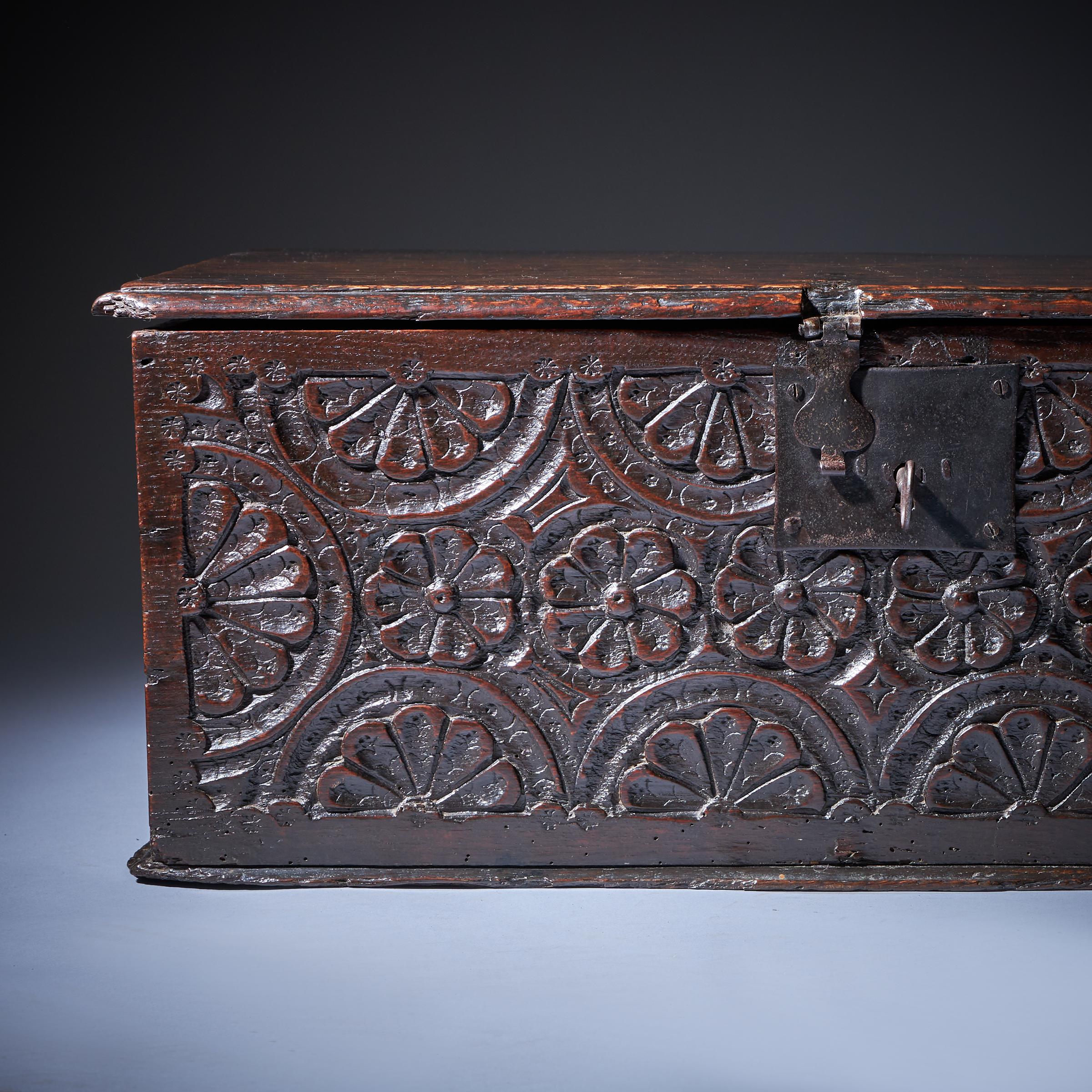 17th Century Charles I Carved Oak Box with Original Iron Clasp and Staple Lock 4