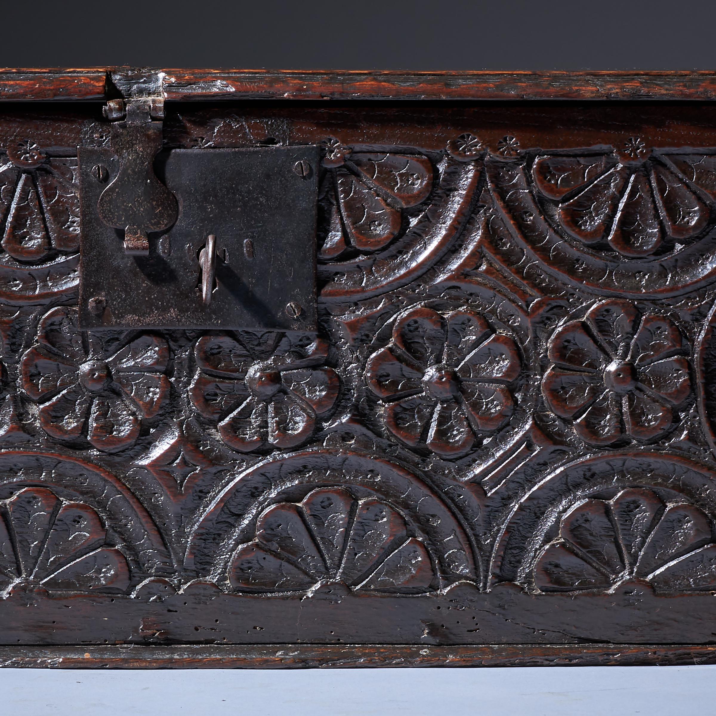 17th Century Charles I Carved Oak Box with Original Iron Clasp and Staple Lock 5