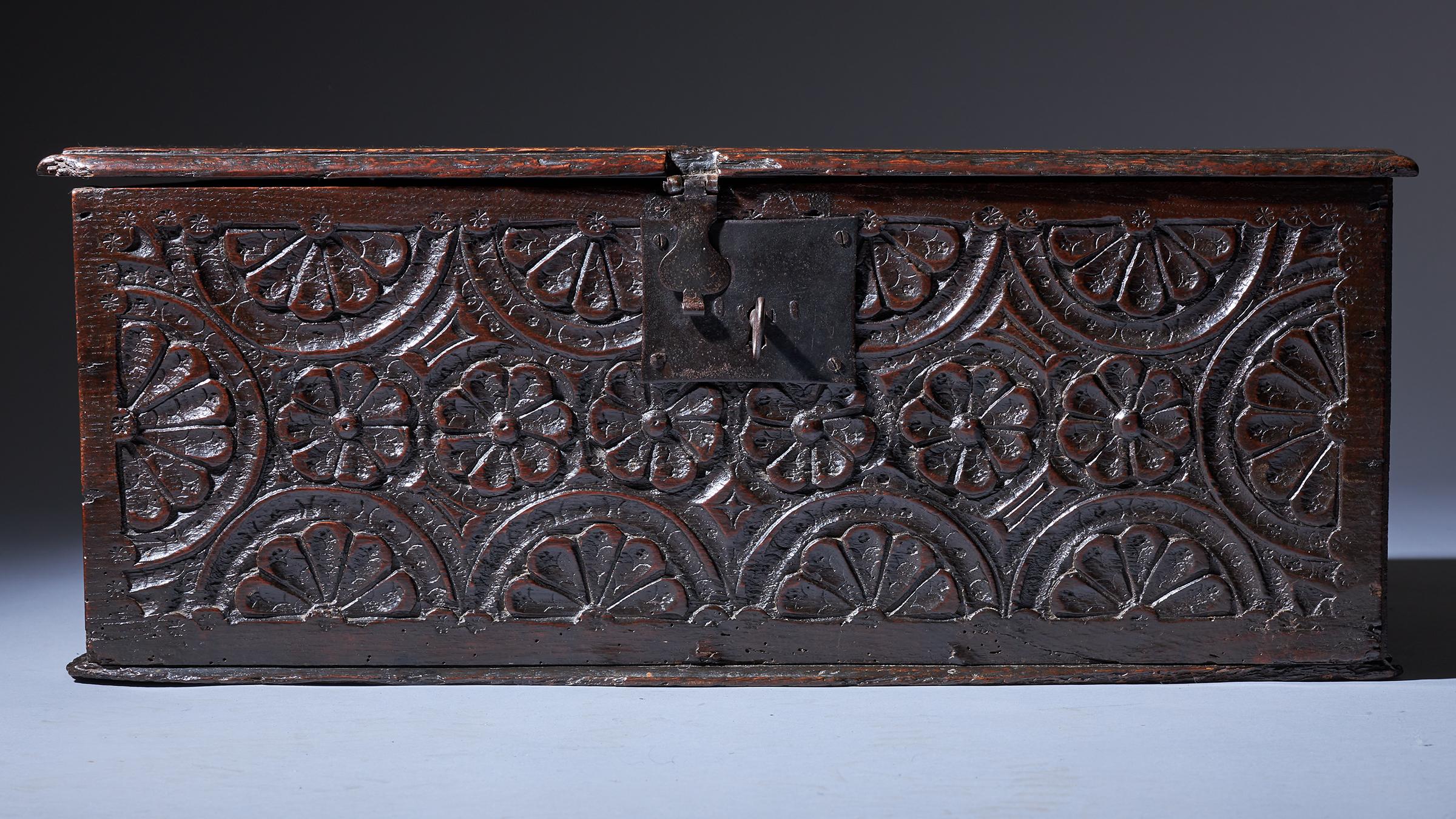 17th Century Charles I Carved Oak Box with Original Iron Clasp and Staple Lock 7