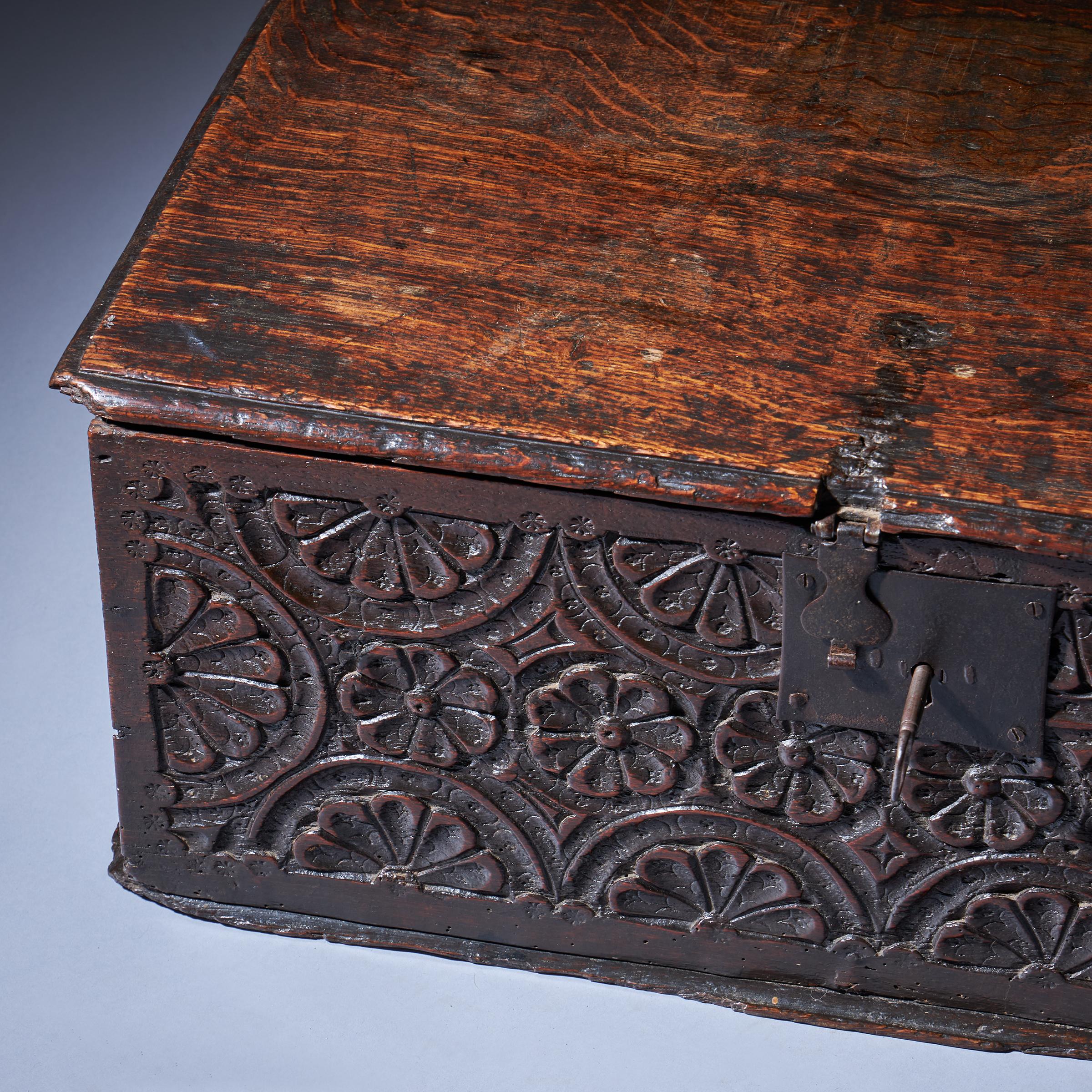 17th Century Charles I Carved Oak Box with Original Iron Clasp and Staple Lock 8