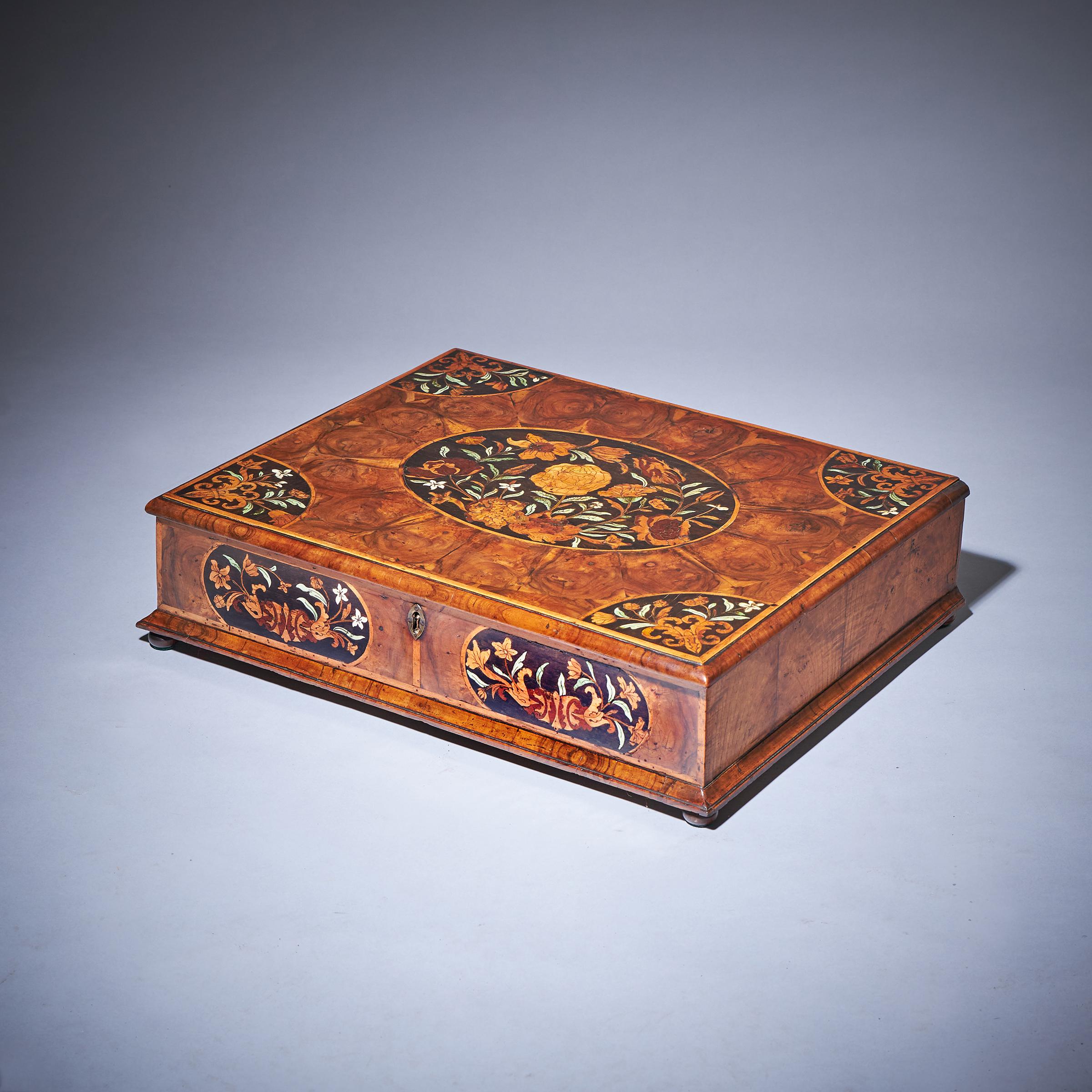 17th Century William and Mary Floral Marquetry Olive Oyster Lace Box-3