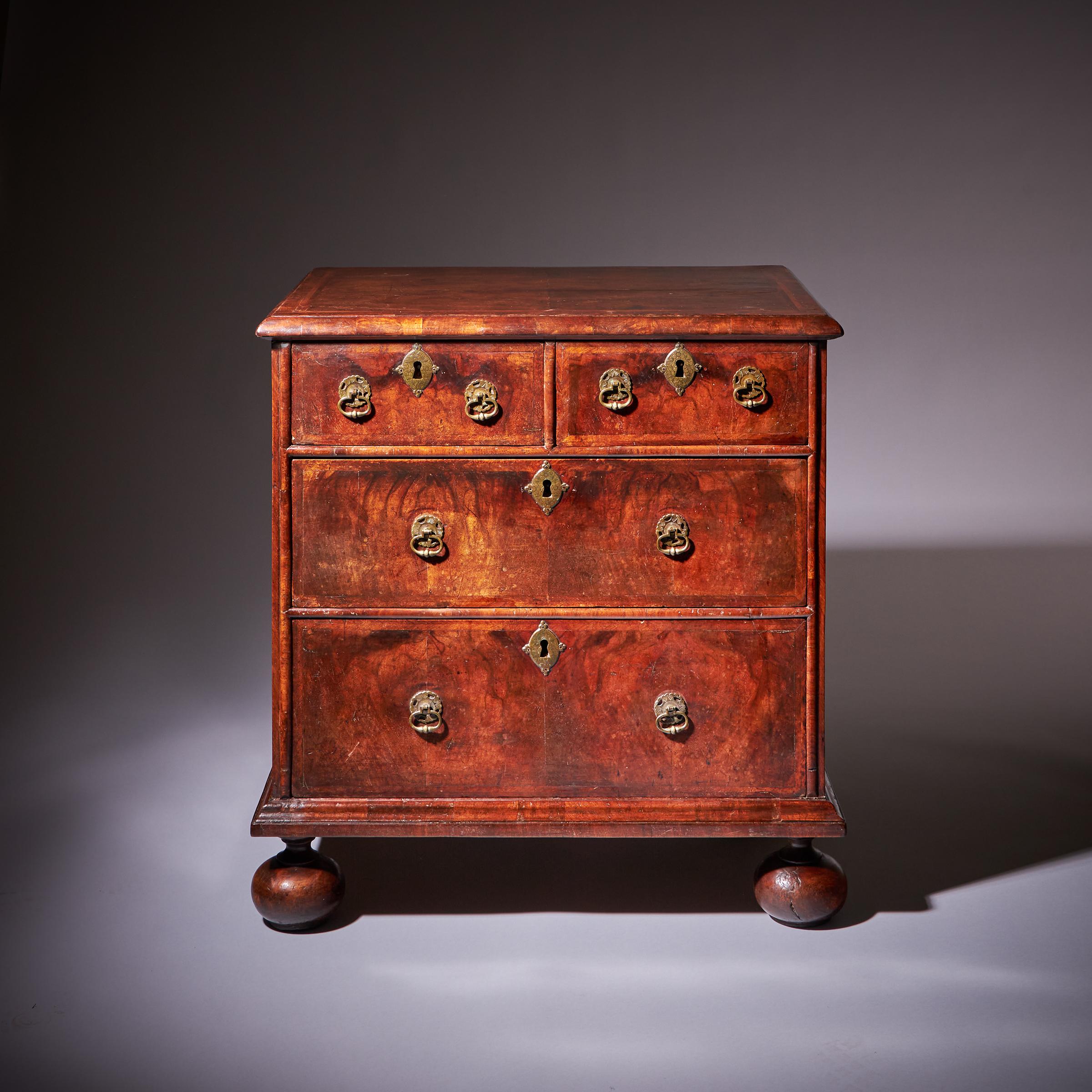 A Small and Rare William and Marry Figured Walnut Chest of Drawers Circa 1690-1