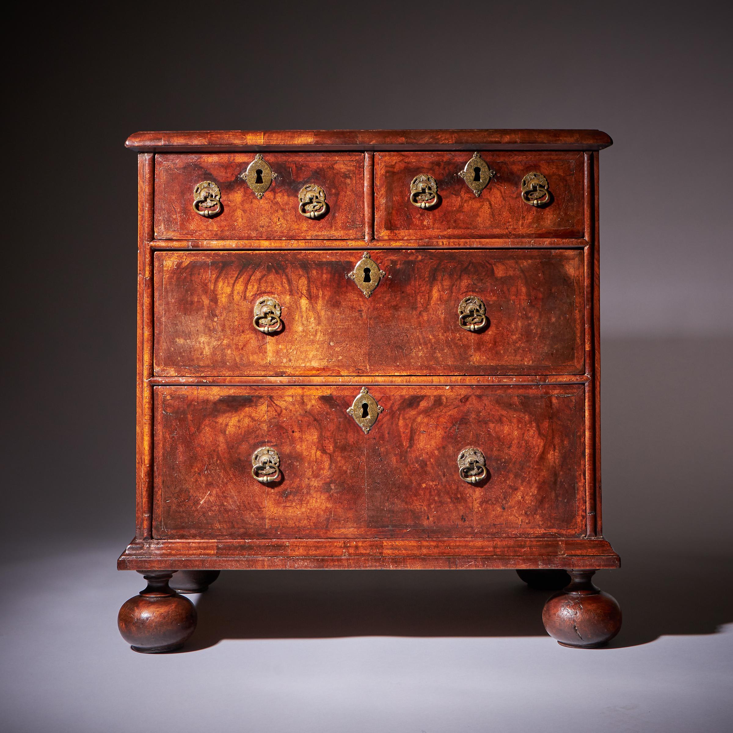A Small and Rare William and Marry Figured Walnut Chest of Drawers Circa 1690-2