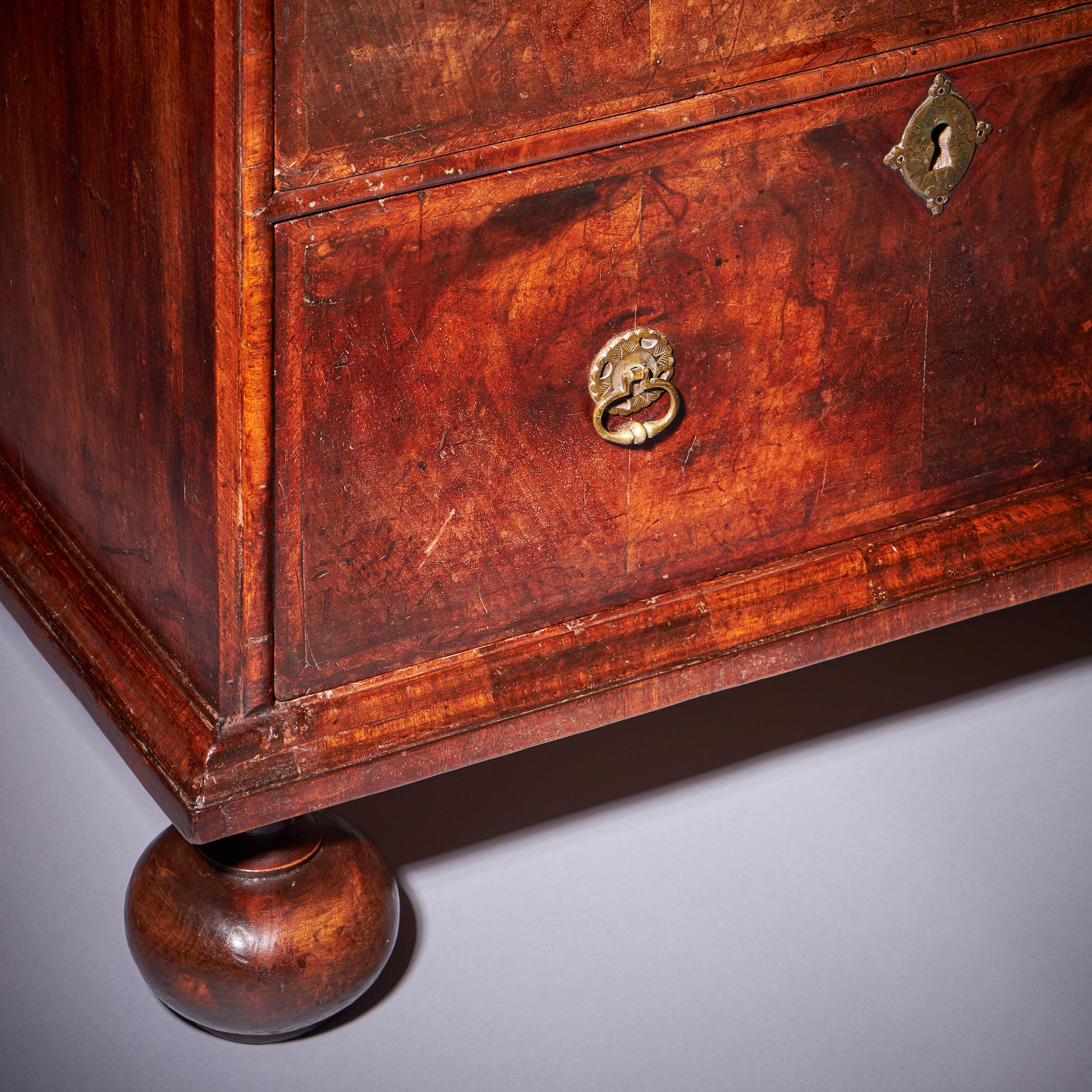 A Small and Rare William and Marry Figured Walnut Chest of Drawers Circa 1690-8