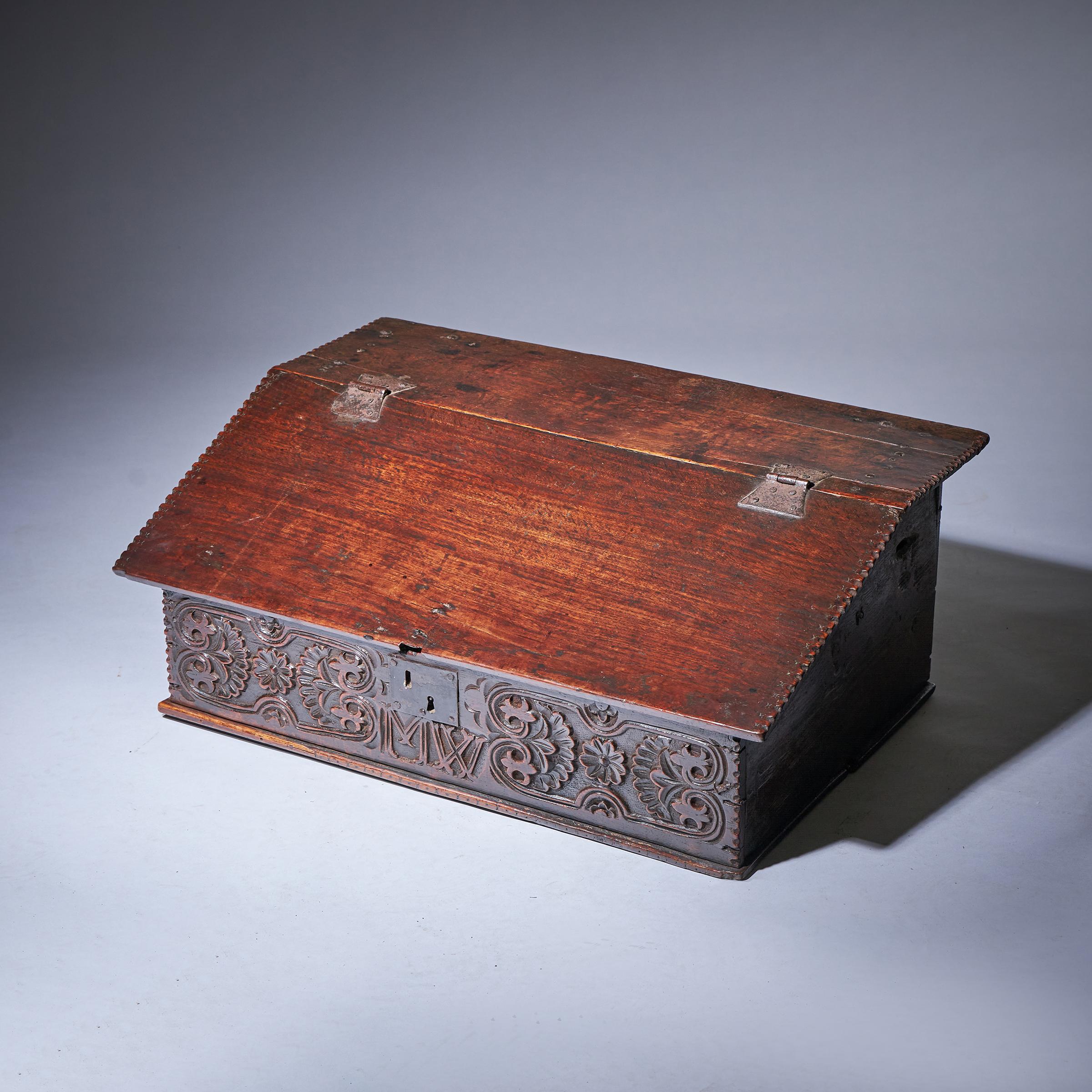 17th Century Charles II Carved Oak Writing Box or Desk Box circa 1670-2