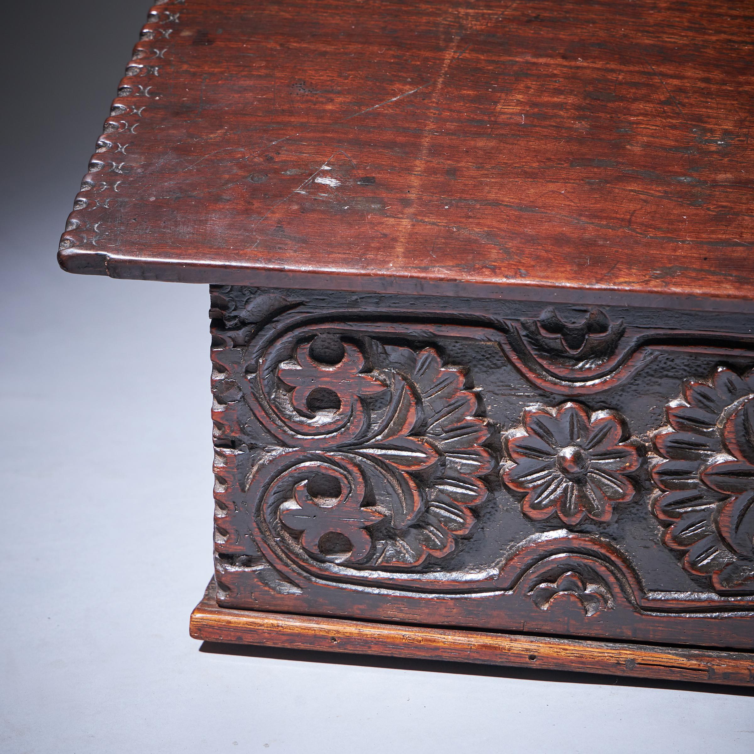 17th Century Charles II Carved Oak Writing Box or Desk Box circa 1670-9