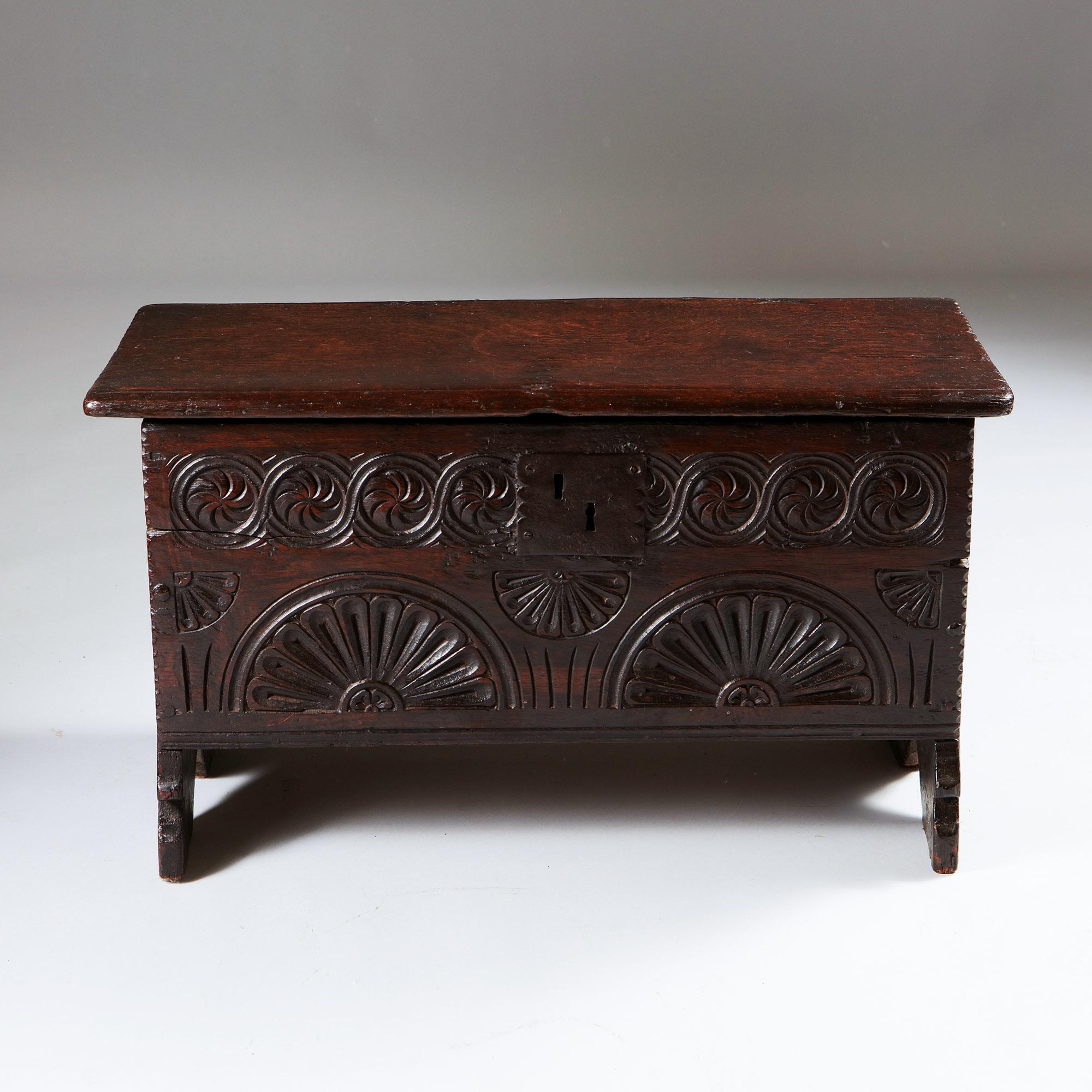 A Rare 17th Century Charles II Carved Oak Childs Coffer of Diminutive Proportion 1