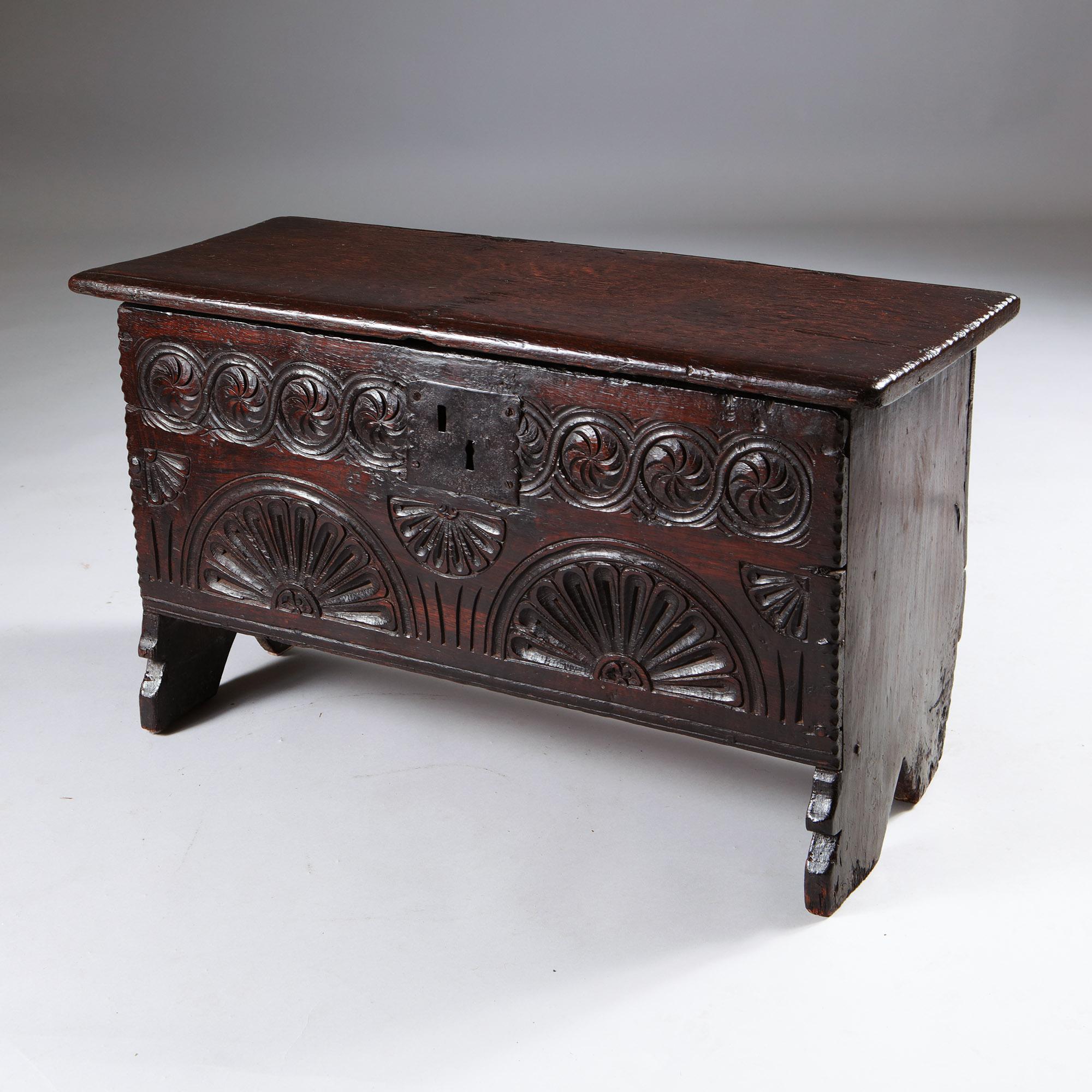A Rare 17th Century Charles II Carved Oak Childs Coffer of Diminutive Proportion 6