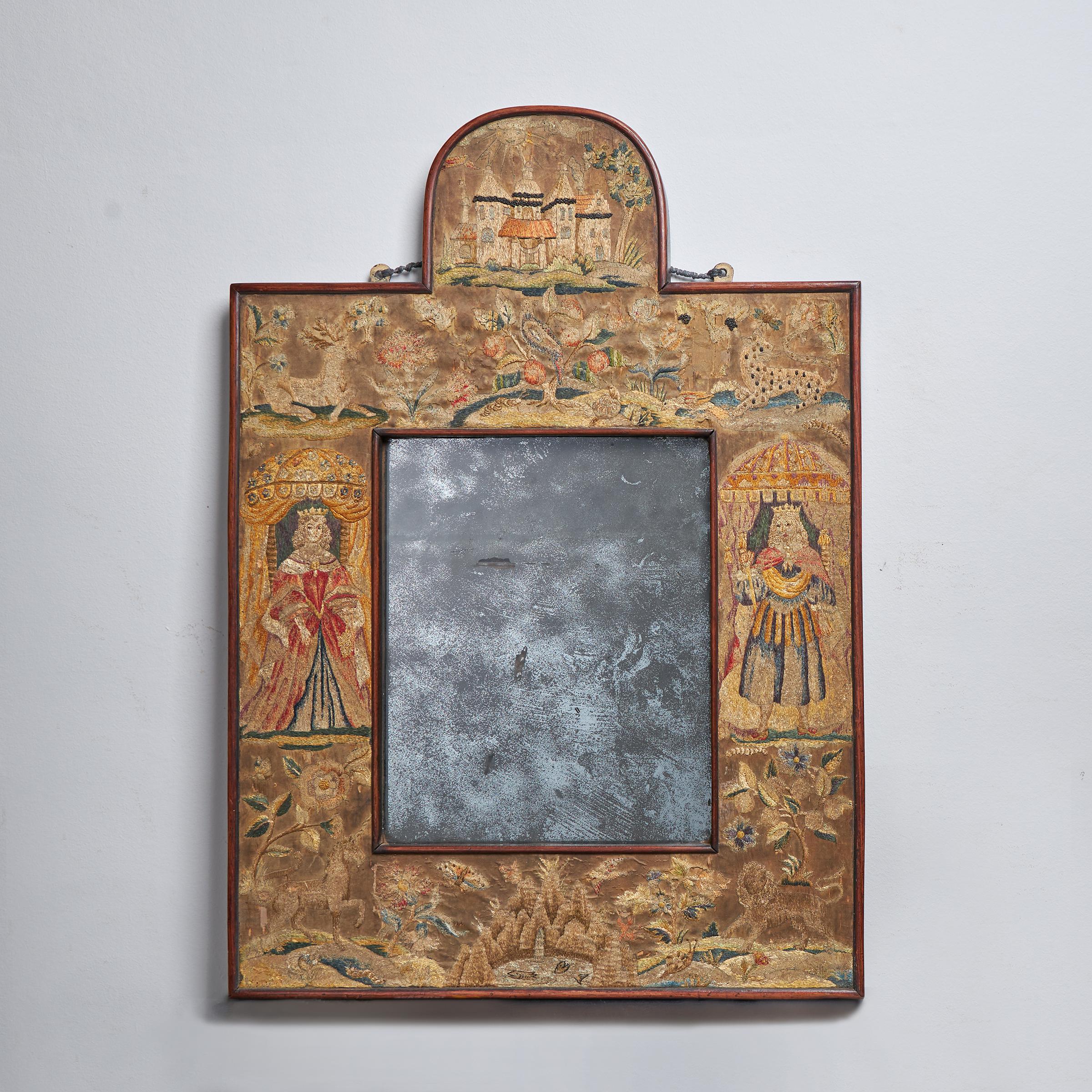 Important 17th Century Charles II Silk Needlework - Stumpwork Mirror 1