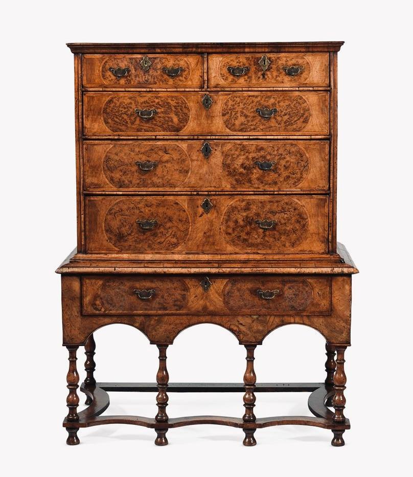 William and Mary 17th Century Walnut and Pollard Oak Chest on Stand 1