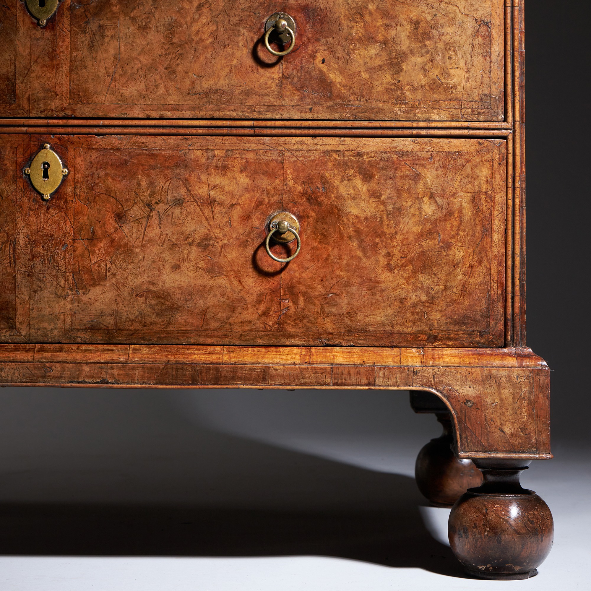 A Fine and Rare Three Part George I Burr Walnut Bureau Bookcase, Circa 1720-1730. England 7