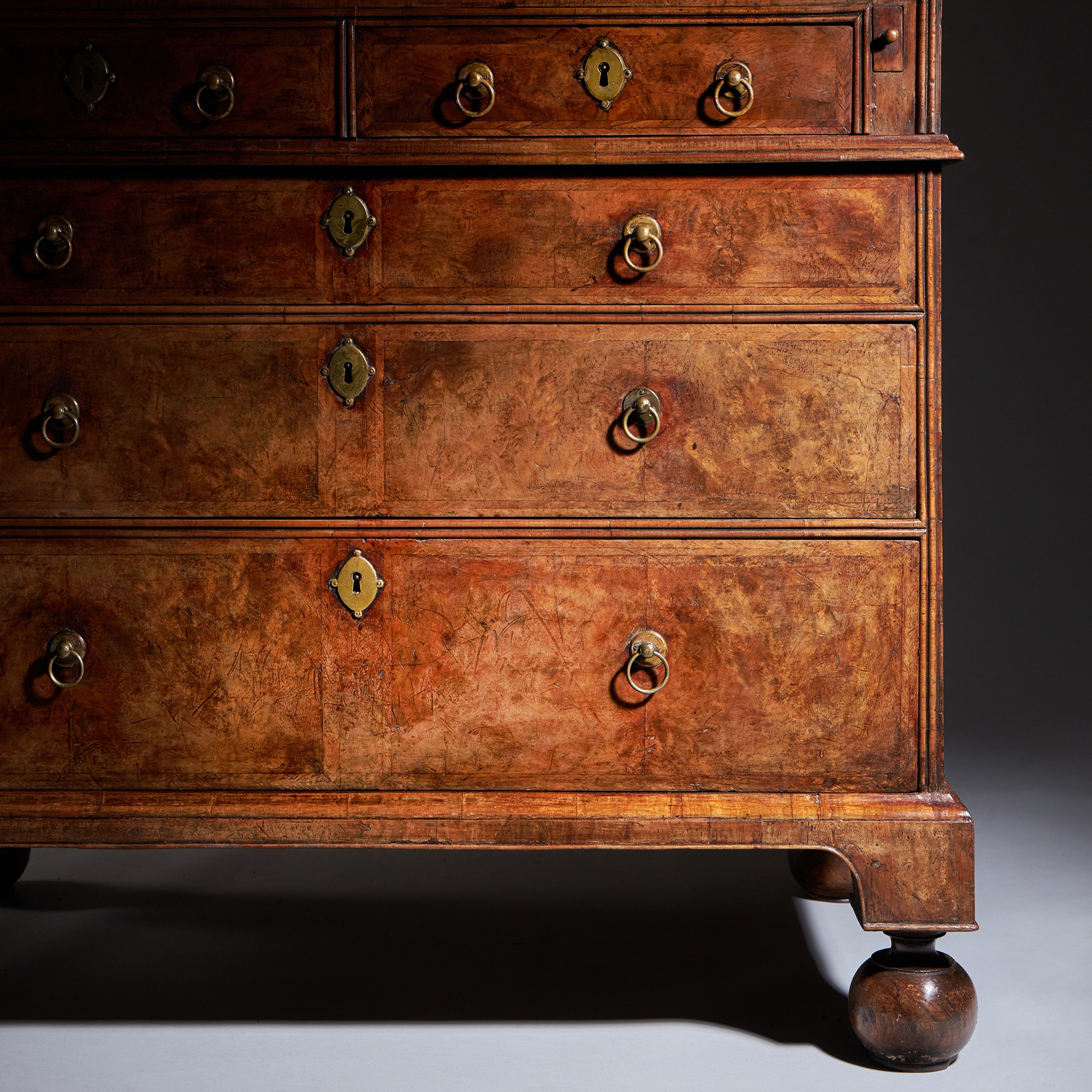 A Fine and Rare Three Part George I Burr Walnut Bureau Bookcase, Circa 1720-1730. England 6