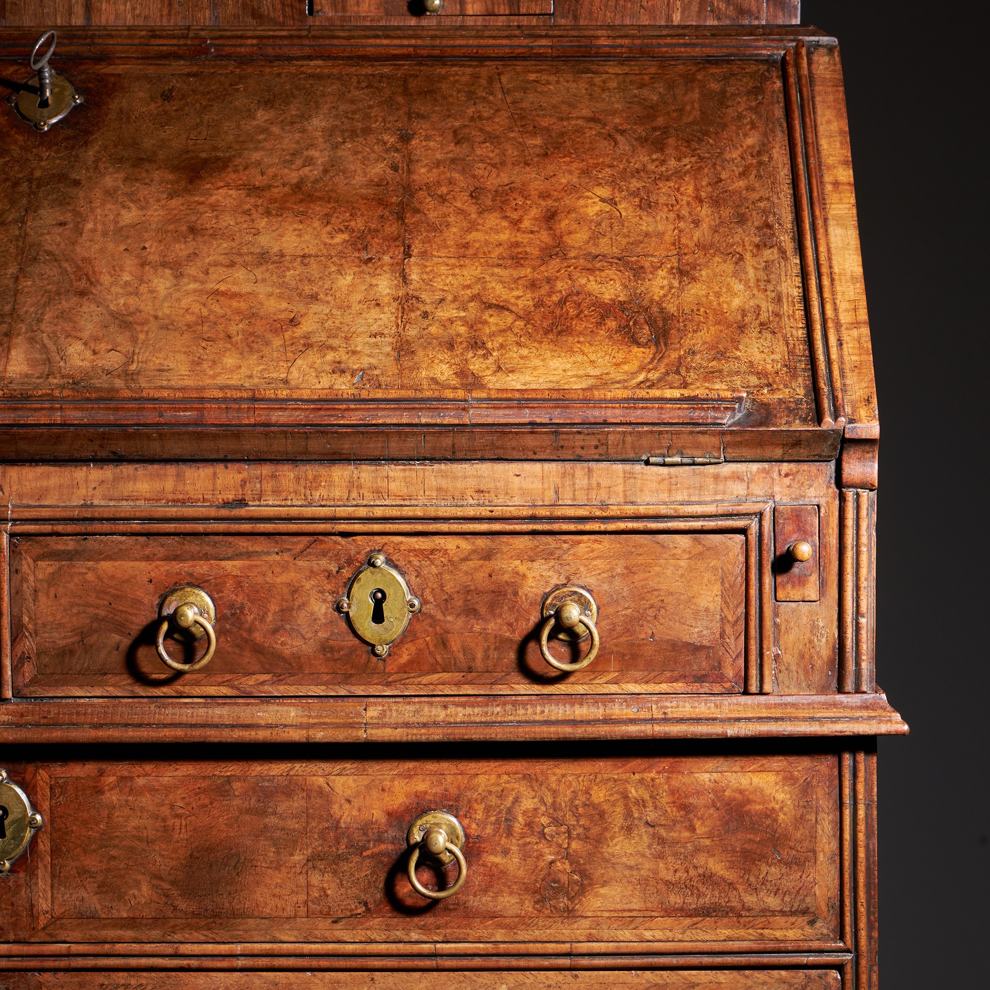 A Fine and Rare Three Part George I Burr Walnut Bureau Bookcase, Circa 1720-1730. England 5