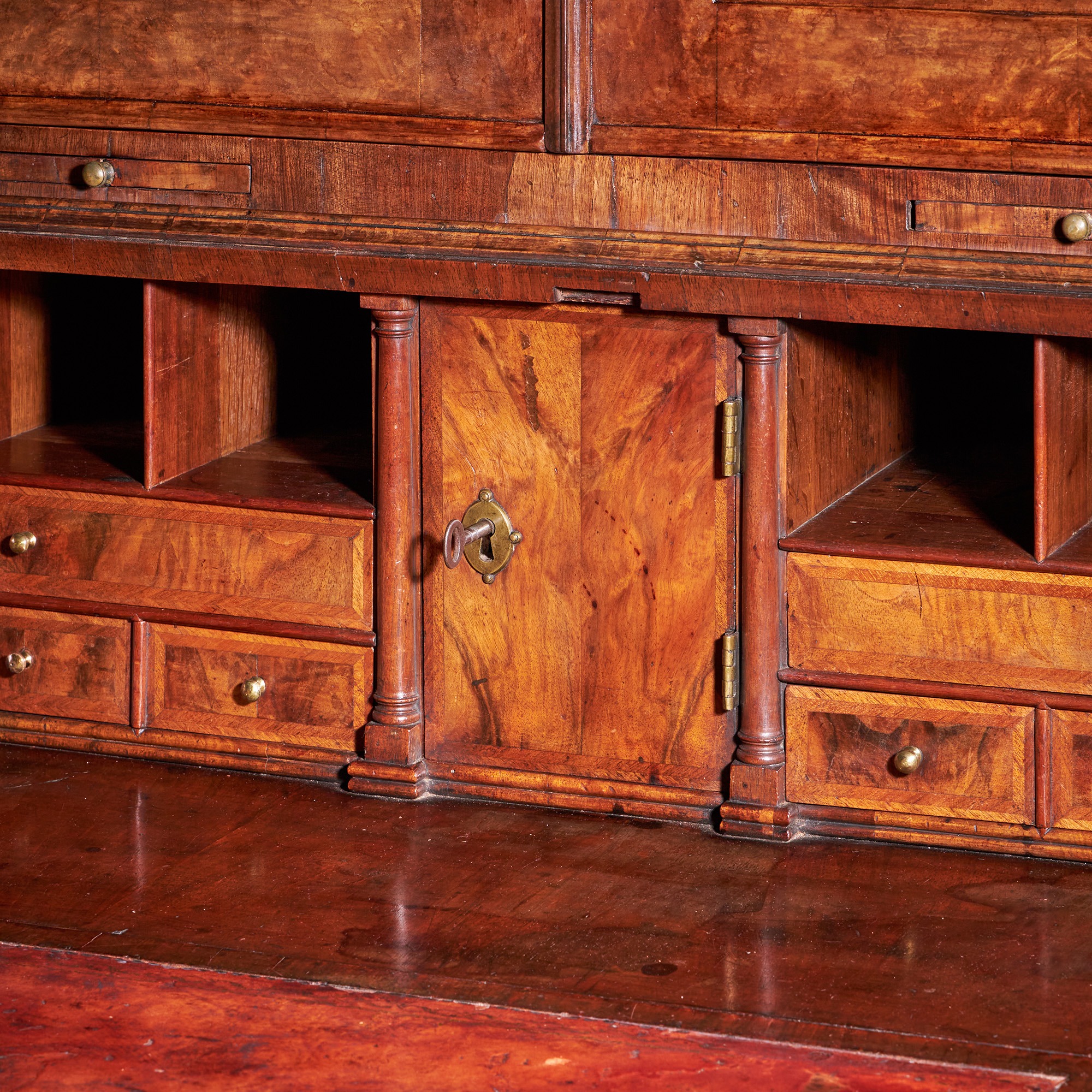 A Fine and Rare Three Part George I Burr Walnut Bureau Bookcase, Circa 1720-1730. England 11