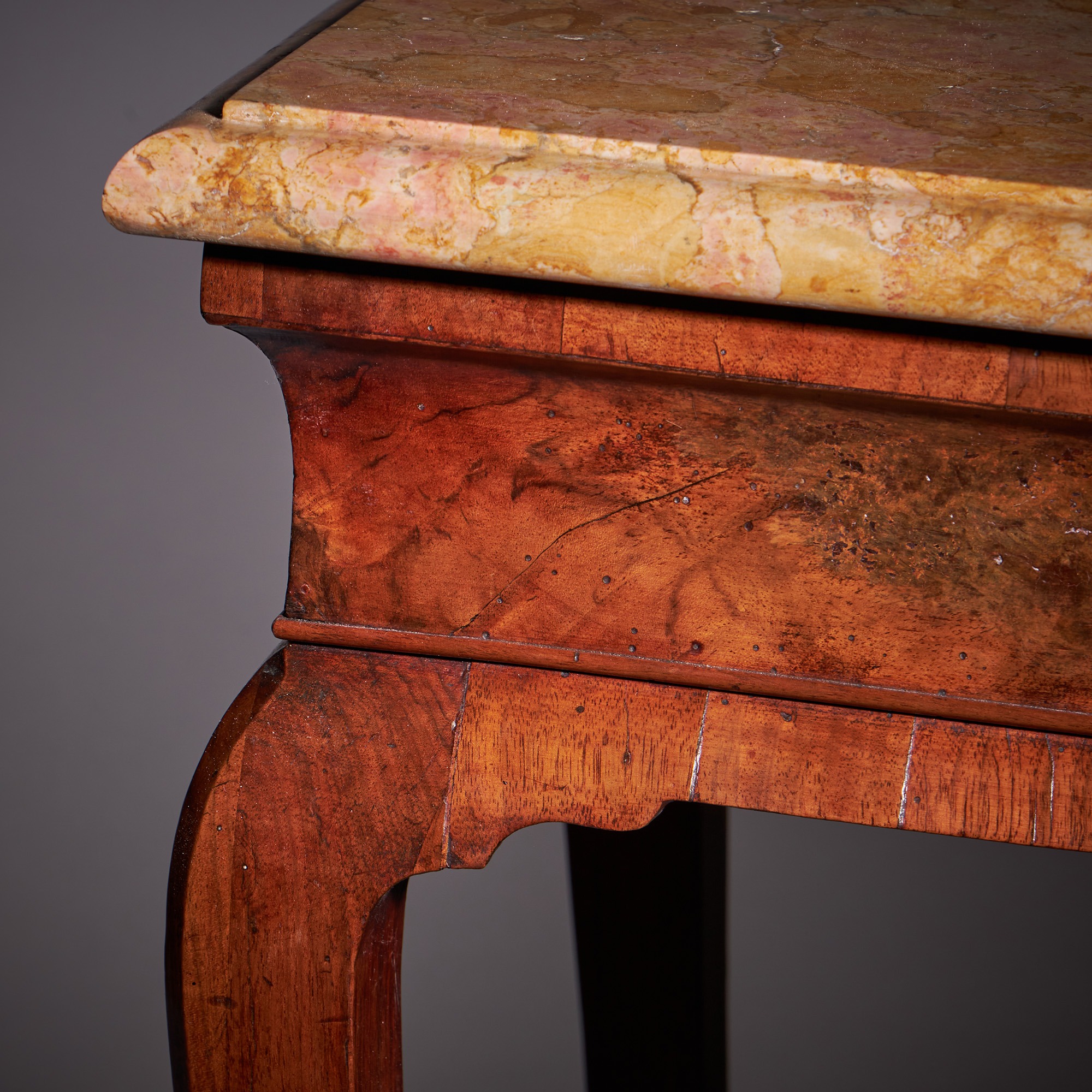 18th Century George II Figured Walnut Console Table, Sienna Brocatelle Marble 15