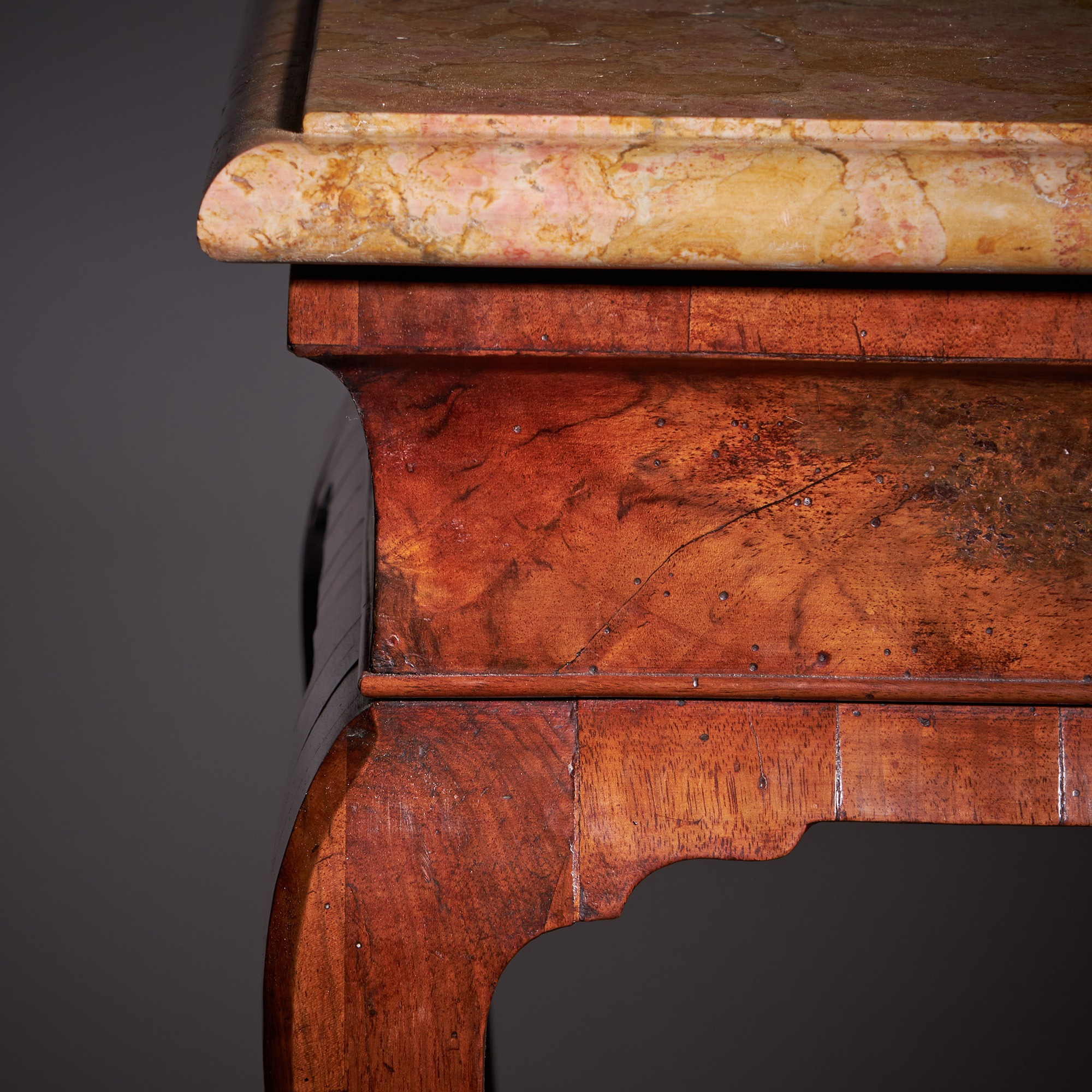 18th Century George II Figured Walnut Console Table, Sienna Brocatelle Marble 16