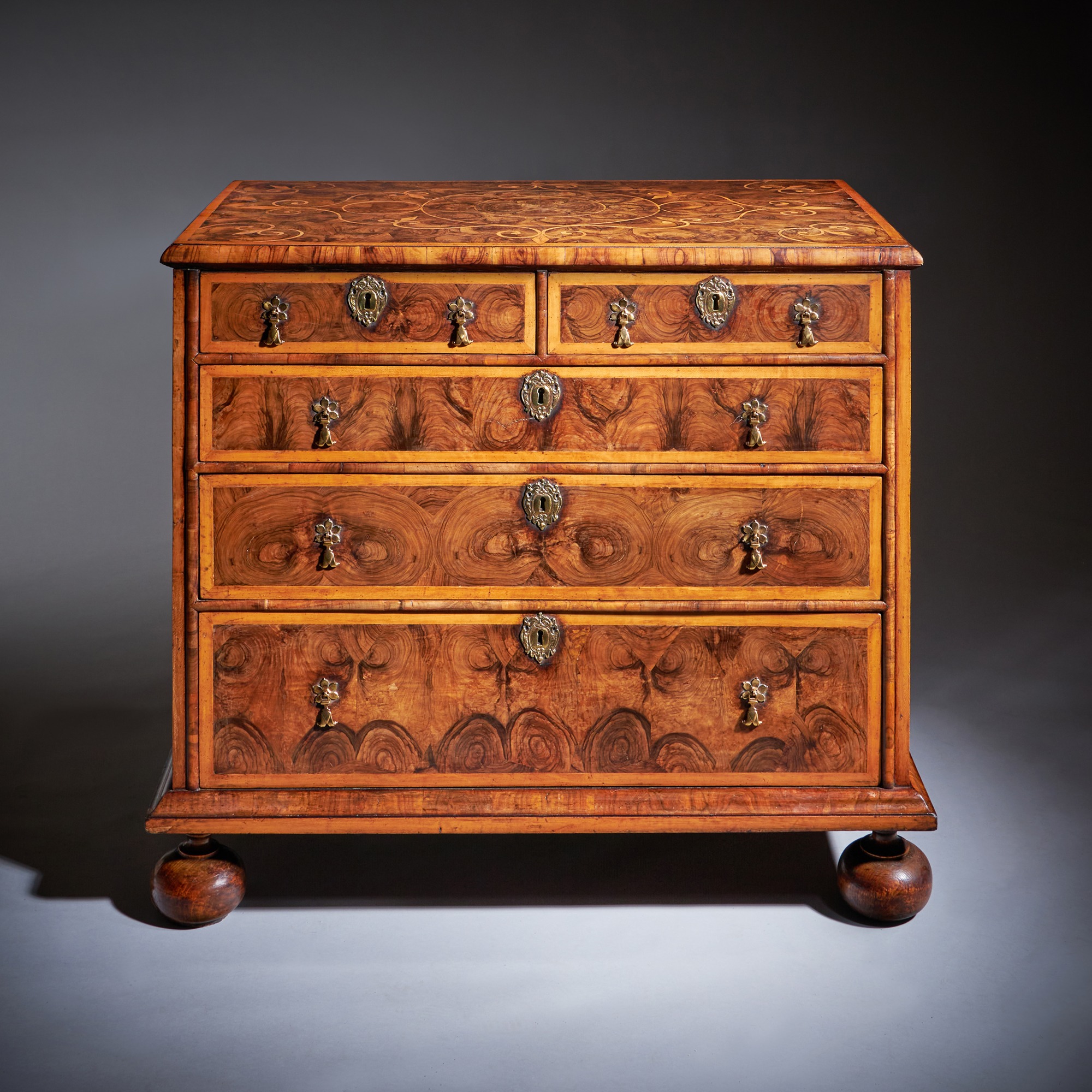 The William and Mary Late 17th Century Olive Oyster Chest, Circa 1690 1