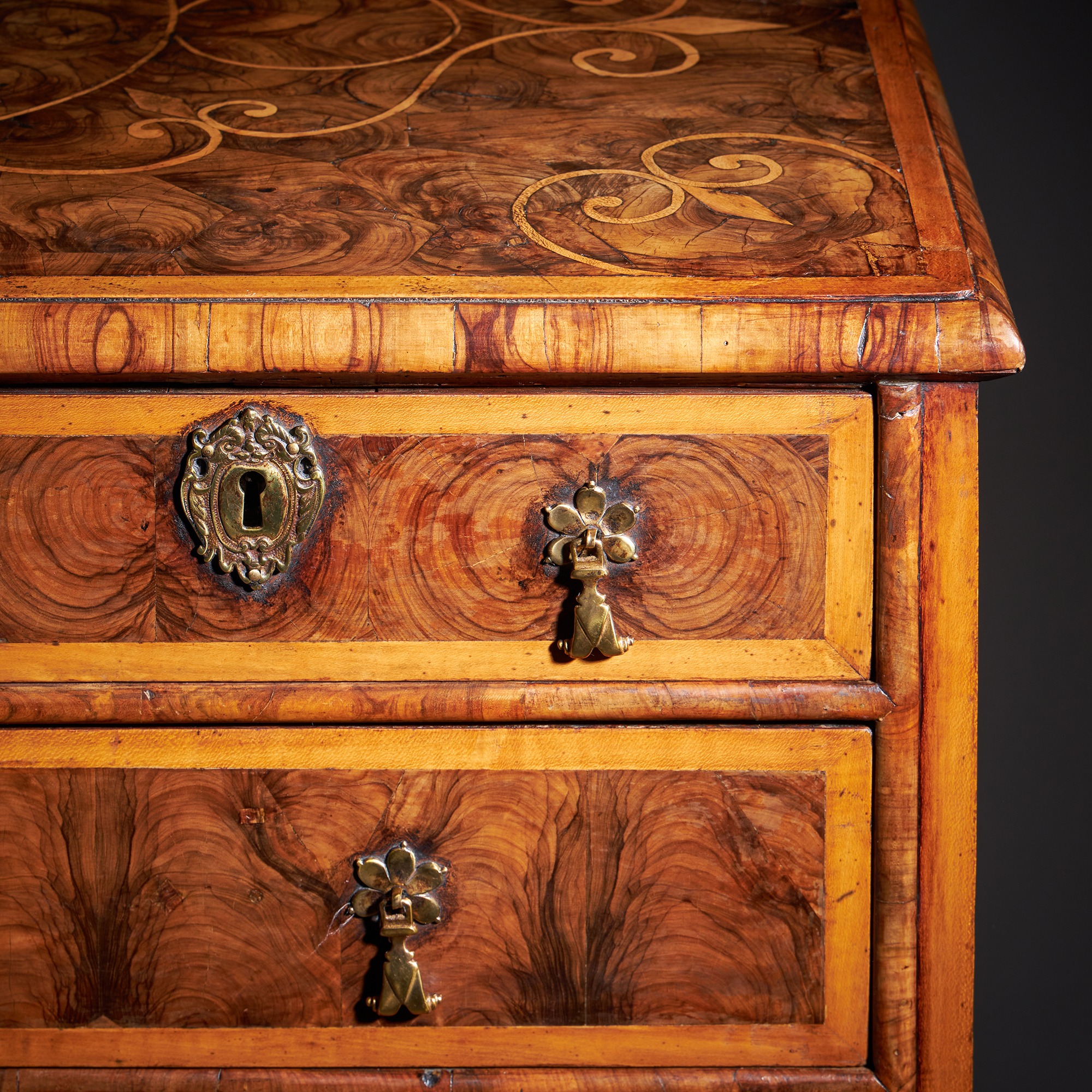 The William and Mary Late 17th Century Olive Oyster Chest, Circa 1690 11