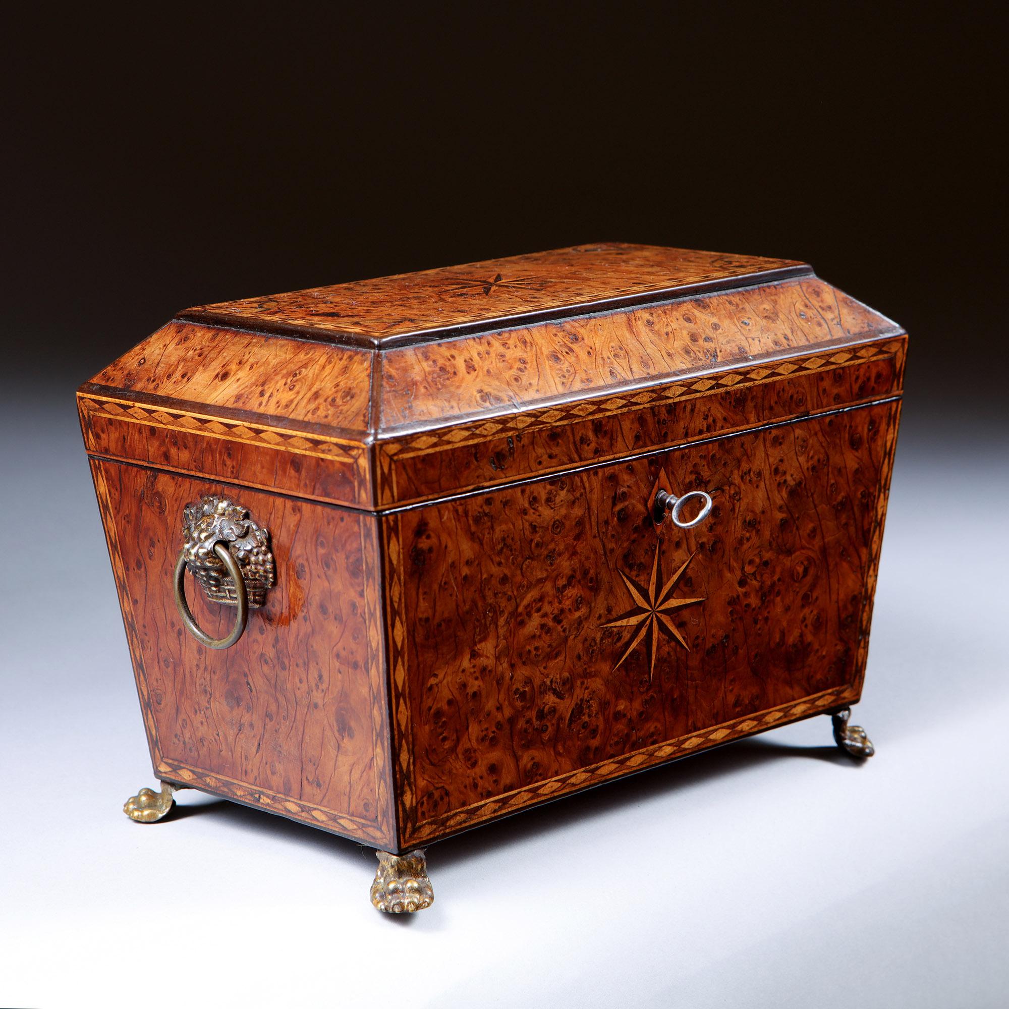 18th Century George III Burr Yew Tea Caddy with Star Inlay and Brass Accents 4