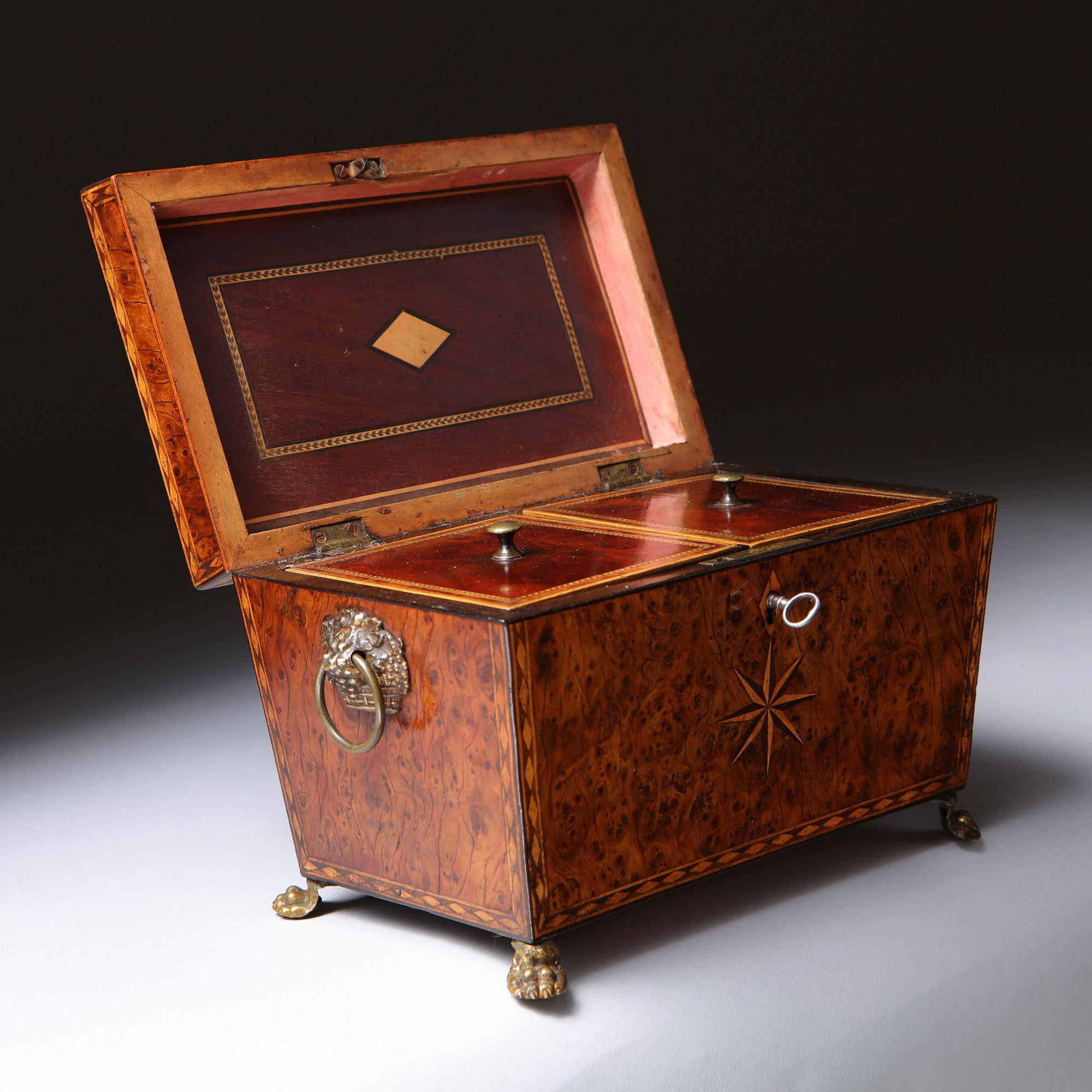 18th Century George III Burr Yew Tea Caddy with Star Inlay and Brass Accents 1