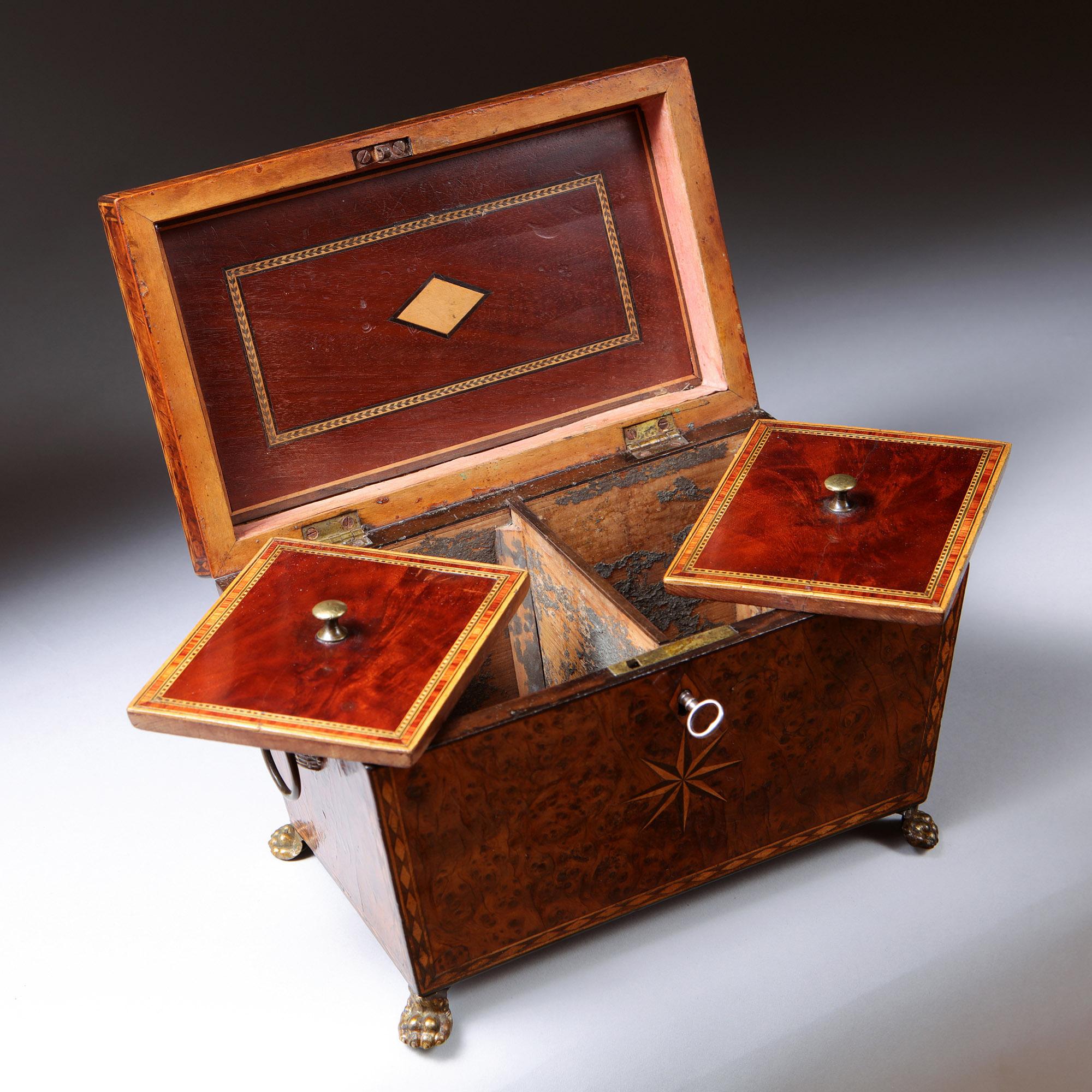 18th Century George III Burr Yew Tea Caddy with Star Inlay and Brass Accents 2