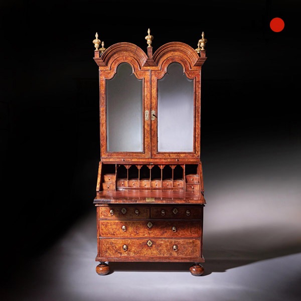 18th Century Queen Anne Burr Walnut Double Dome Bureau Bookcase