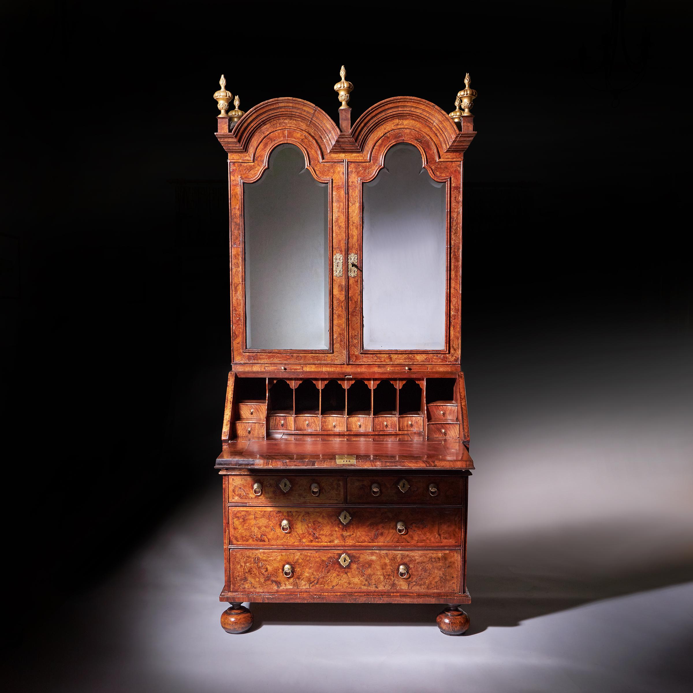 18th Century Queen Anne Burr Walnut Double Dome Bureau Bookcase 1